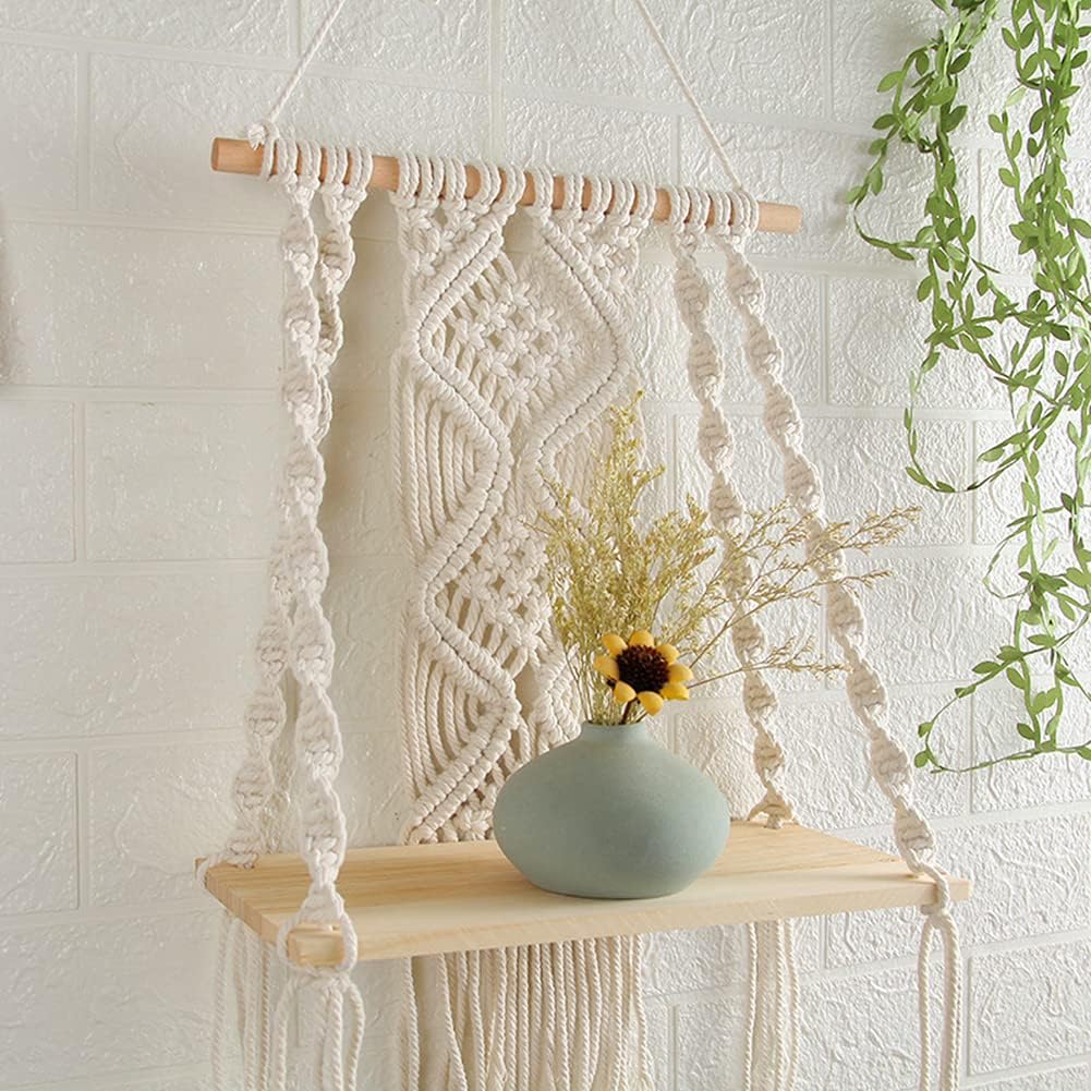 Handmade Macramé Wall Hanging Shelf – Boho Indoor Rope Plant Pot Hanger, Decorative Wall Holder for Indoor or Outdoor Use