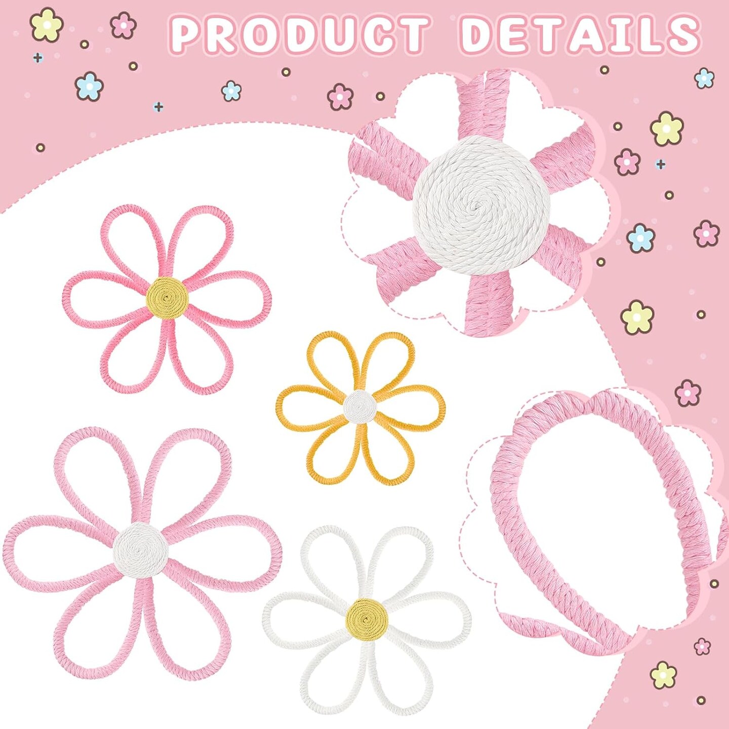 Boho Nursery Woven Daisy Flowers Daisy Wall Decor Nursery Decor Macrame Wall Hanging Supply for Girl Bohemian Art Home Bedroom Room Flowers Set of 4(6 Petals)
