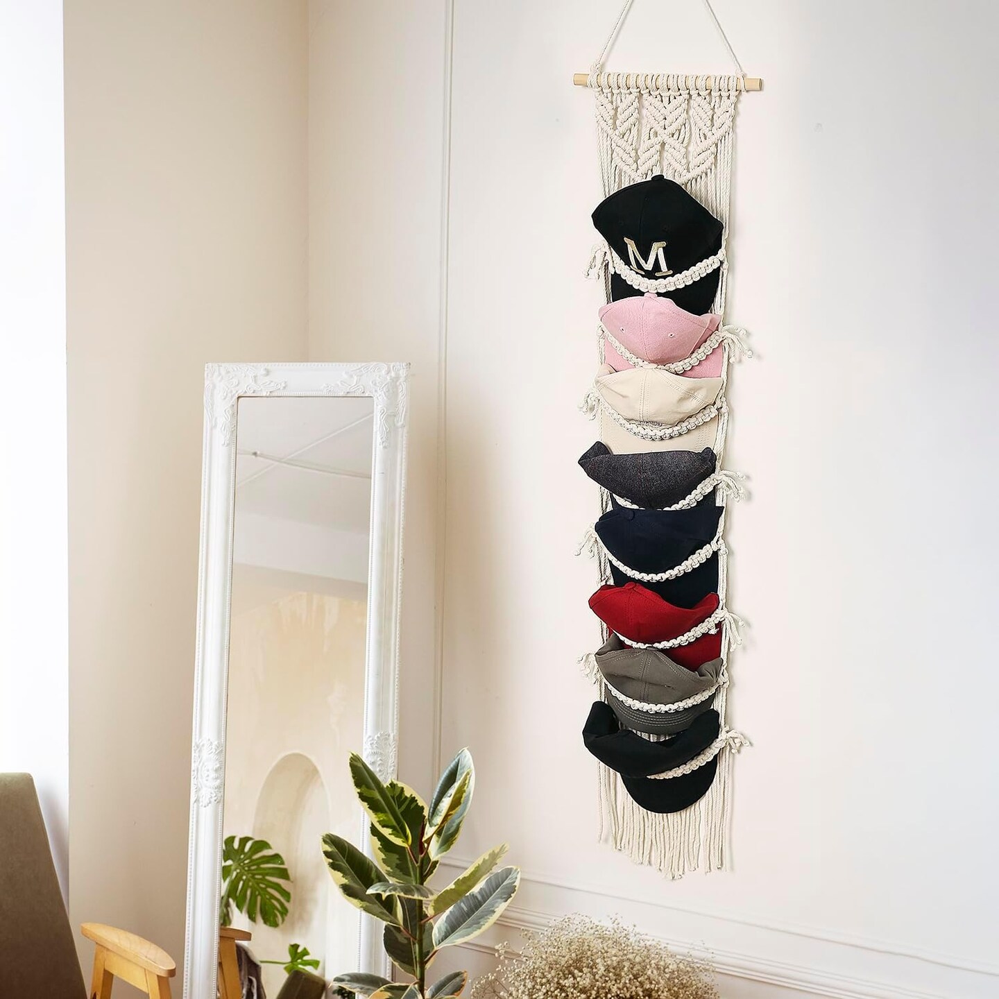 Baseball Cap Storage Over-the-Door – 1 Pack Boho Macramé Hat Organizer, Wall-Mounted Cap Holder and Hanging Hat Rack for Bohemian Bedroom Décor
