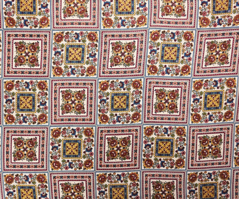 Ivory-Red-Multi Rayon Floral Tile Printed Twill Woven Fabric By the Yard