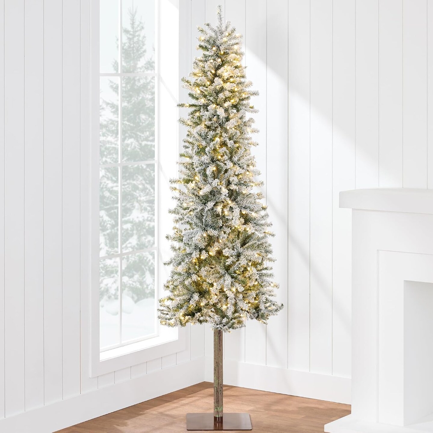 Flocked Pencil Christmas Tree Slim Alpine Green Tree with 250 LED Lights, Snowy Branches &#x26; Metal Stand