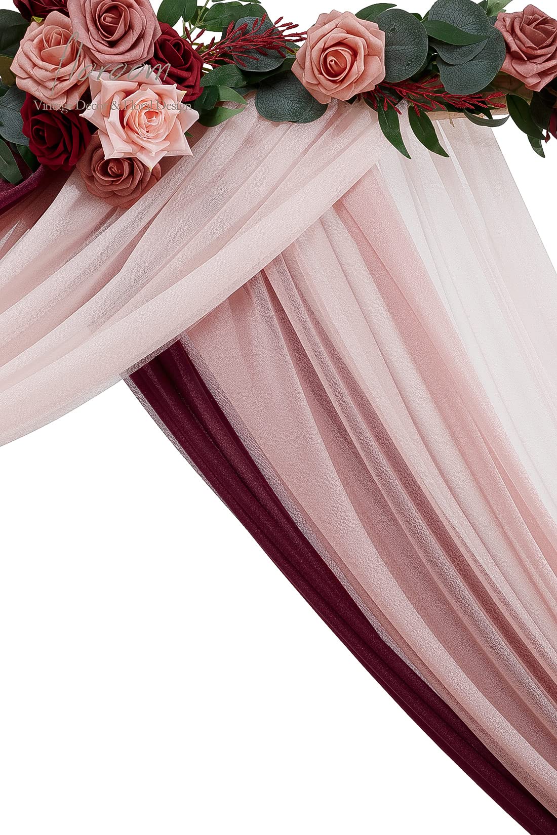 Wedding Arch Draping Fabric 3 Panels 20Ft Chiffon Fabric Drapes Arbor Drapery Wedding Ceremony Reception Swag Decorations (Burgundy +Dusty Rose +Blush)