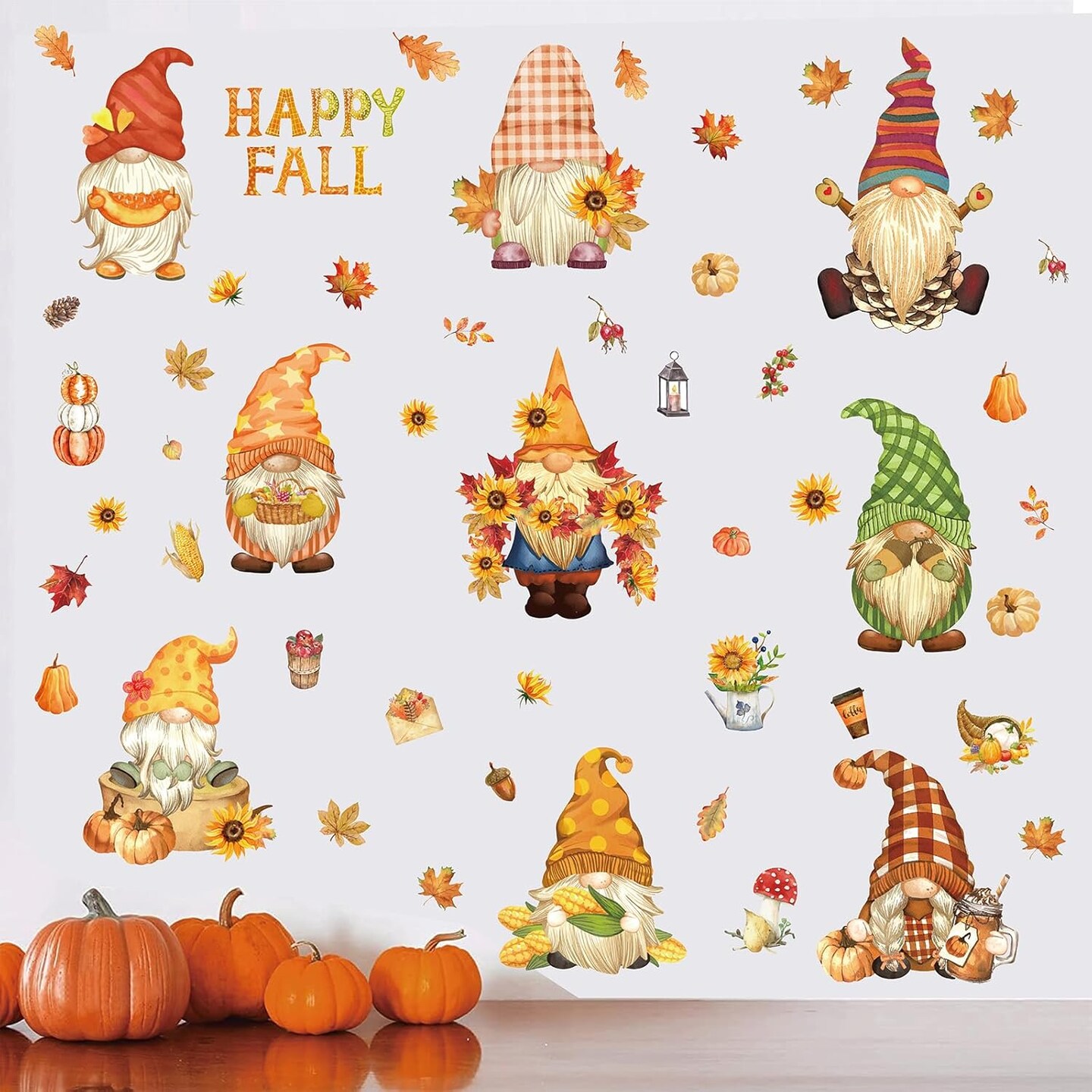 9 Sheet -Fall Wall Stickers Watercolor Gnomes Wall Art Decals Colorful Maple Leaves