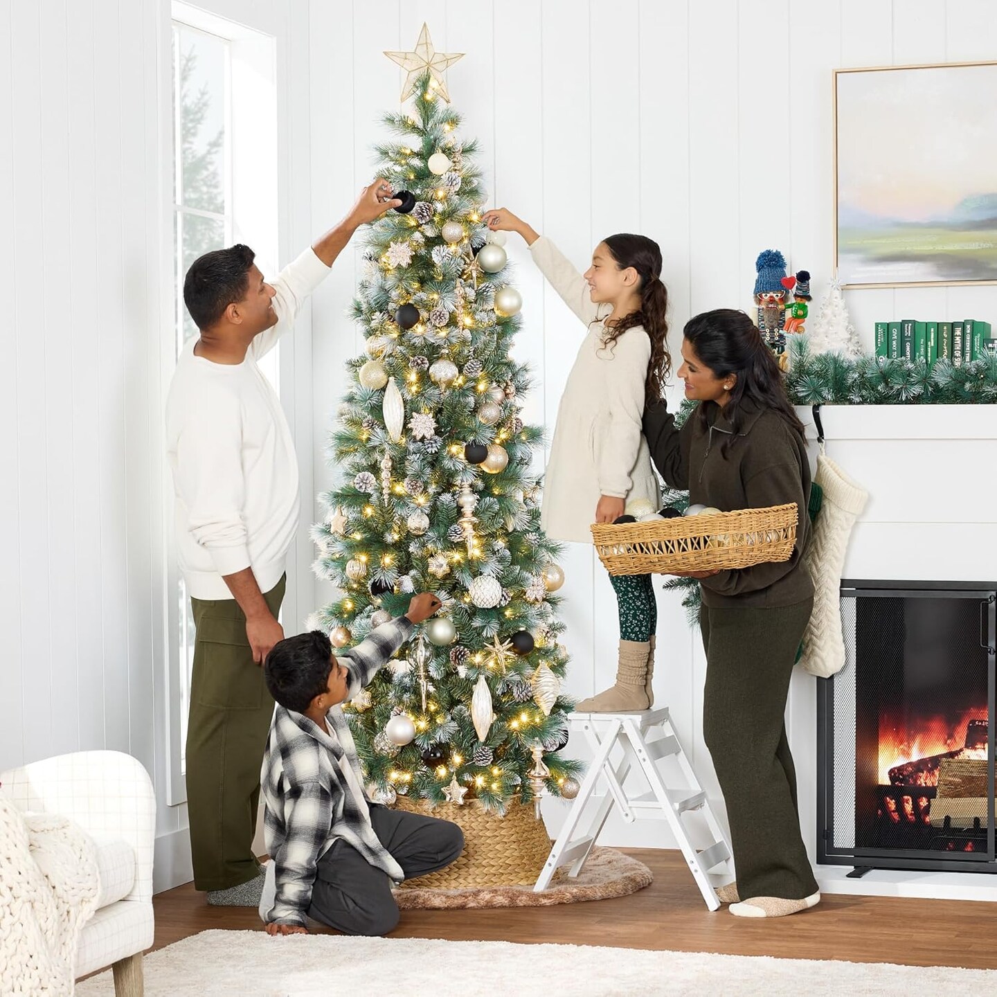 Frosted Pencil Christmas Tree Slim Pre Lit Scotch Pine with White &#x26; Multicolor LED Lights