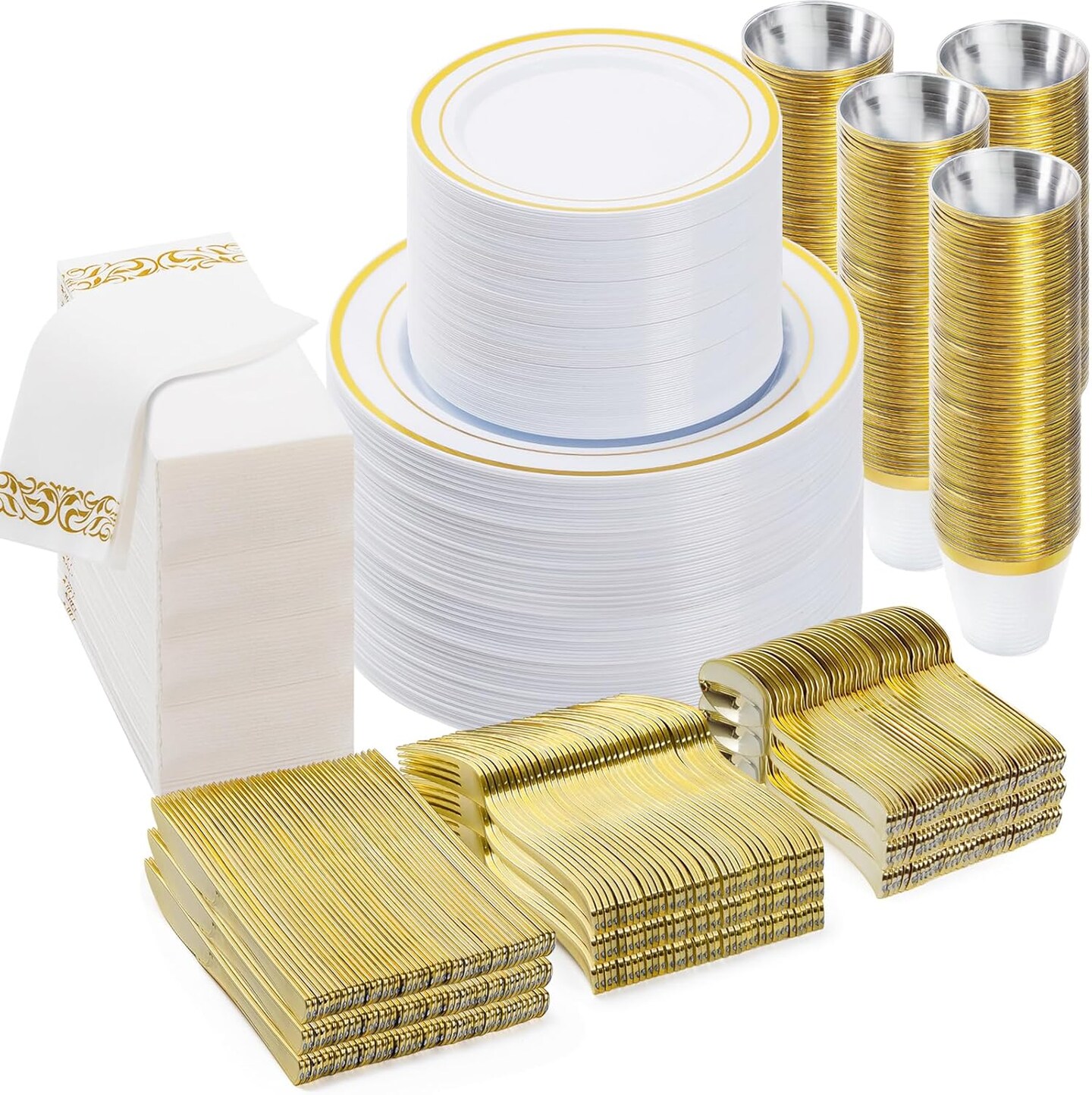 700PCS Gold Disposable Dinnerware Set – Plates, Cutlery, Cups & Napkins for 100 Guests