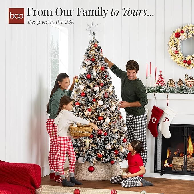 Snow Flocked Christmas Tree Full Pine with 250 White & Multicolor LED Lights, 928 Tips & Foot Switch Control