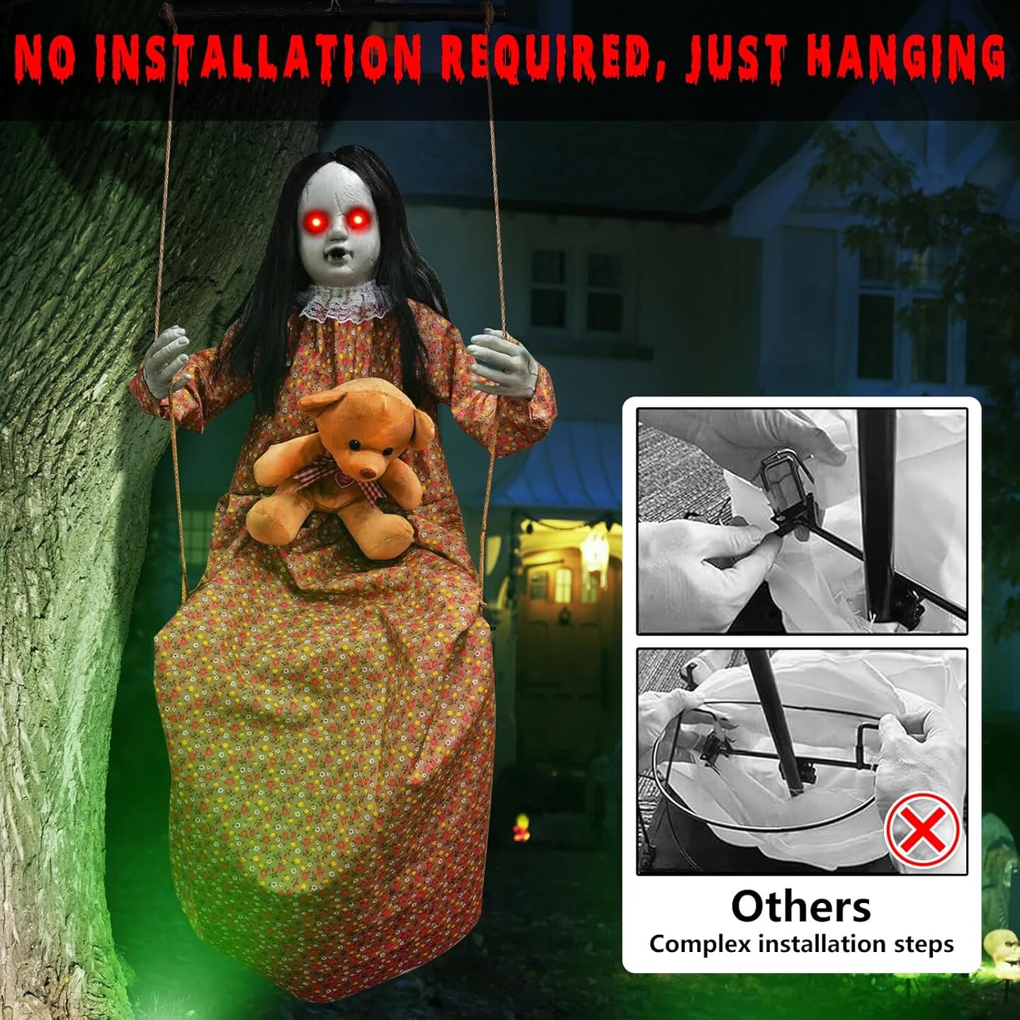 Halloween Hanging Girl with Bear Doll - Light Up Eyes and Sound &#x26; Slap Activated