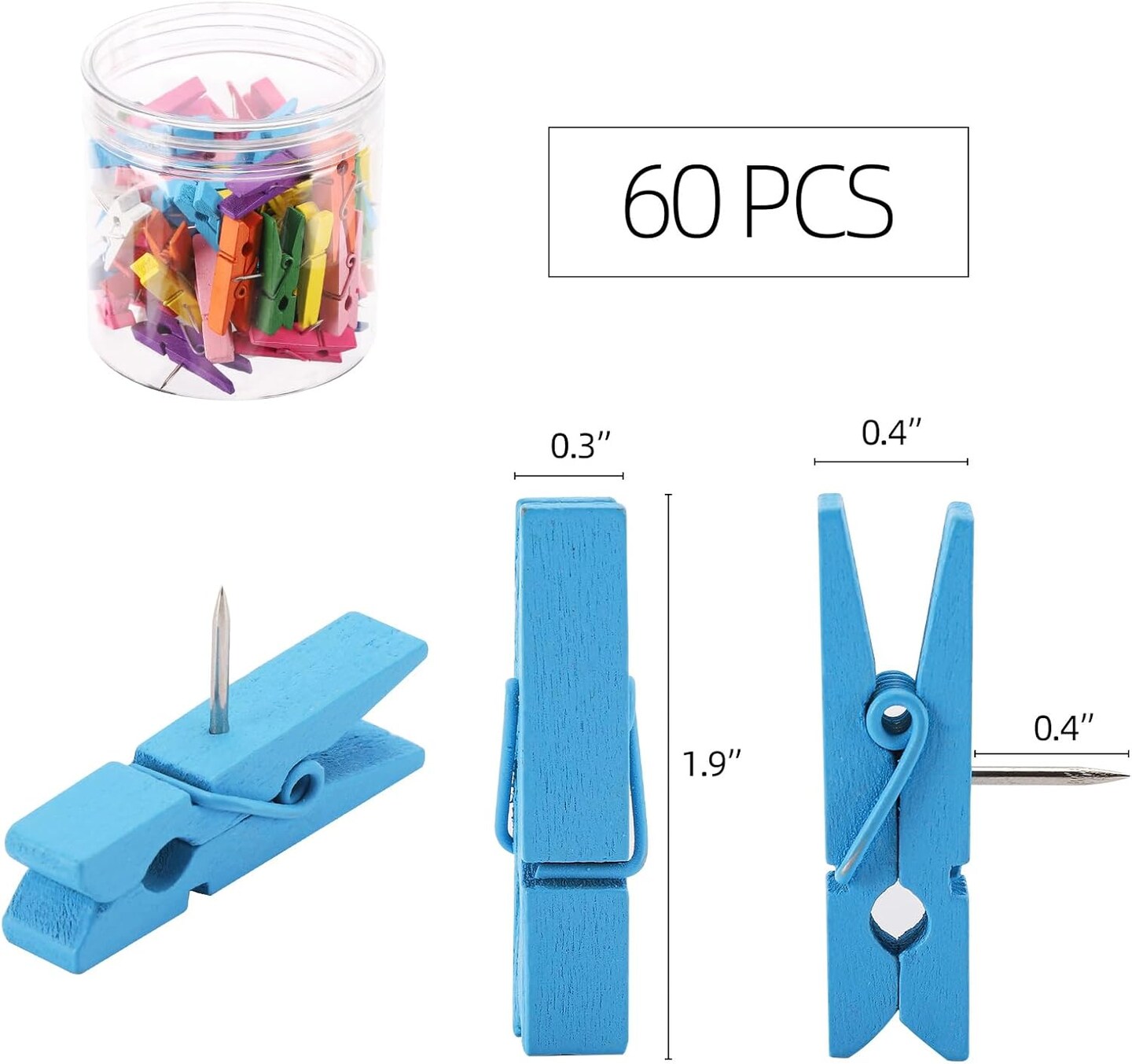 60PCS Colorful Push Pin with Wooden Clips, Decorative Pushpins Tacks Thumbtacks for Cork Board Artworks Notes Photos, Craft Projects, Offices and Homes