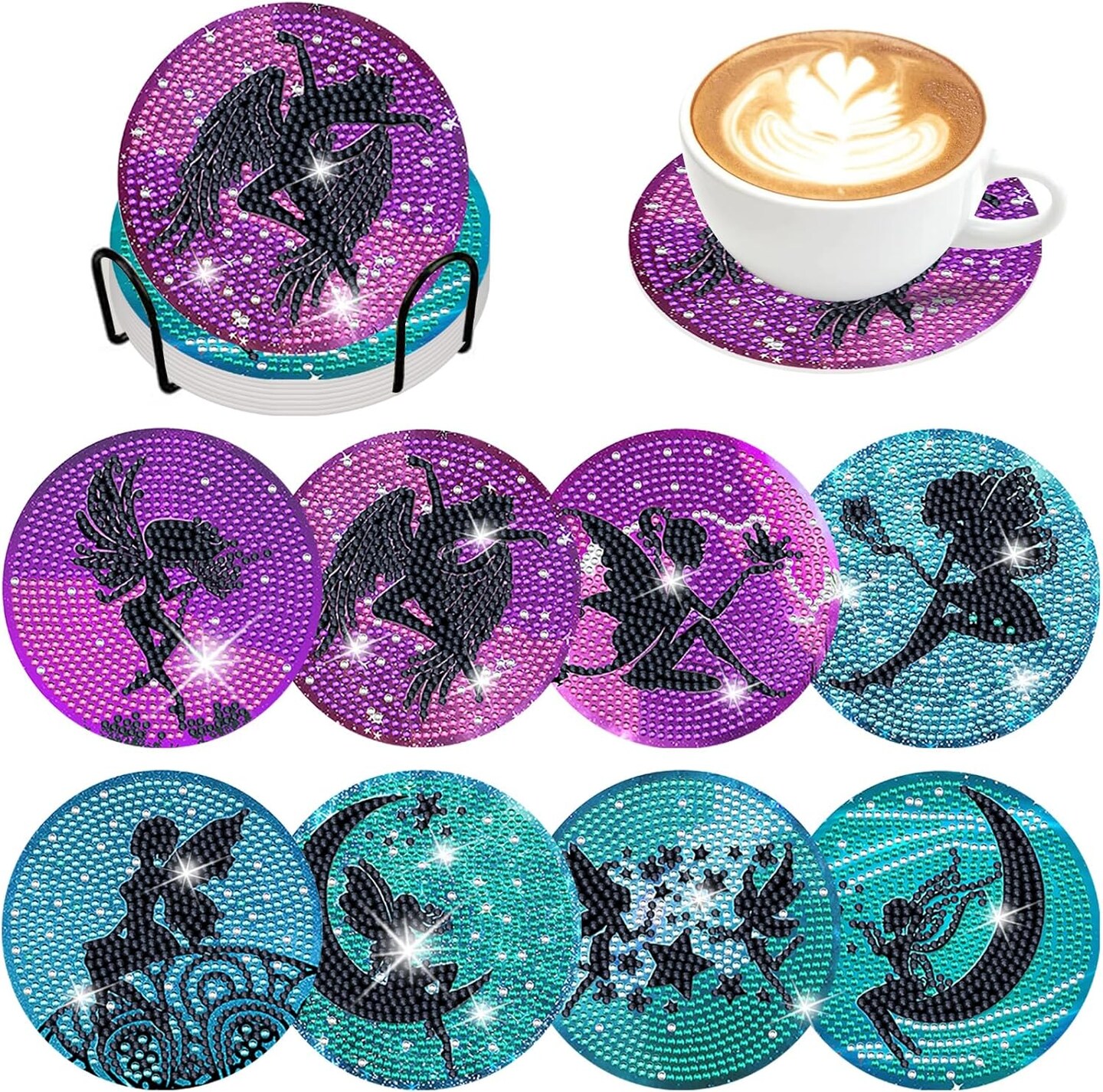 8 Pcs Elves Diamond Art Coasters Kits with Holder DIY Cute Elves Diamond Art Coaster Non Slip Coaster for Adults Diamond Kits Supplies