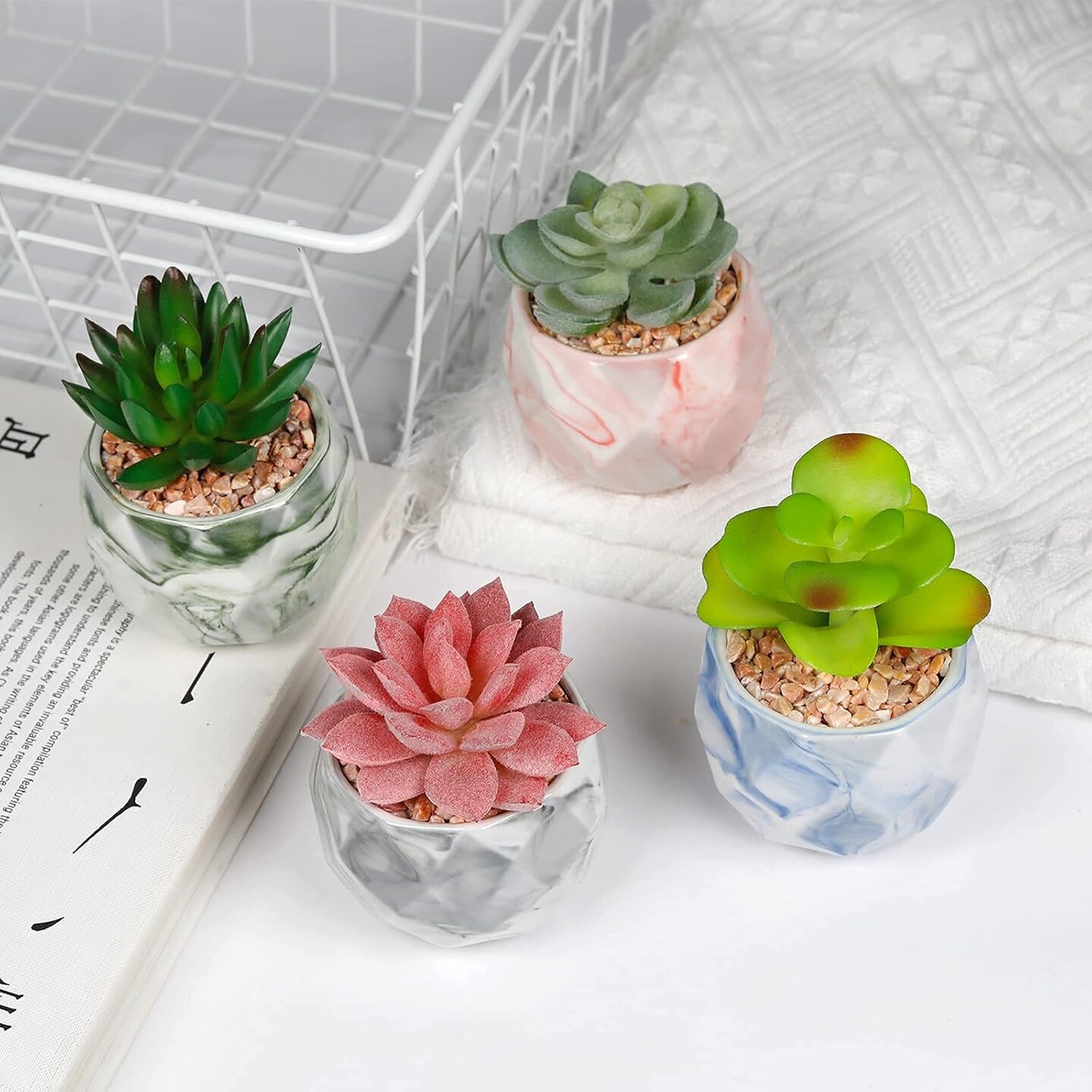 Succulents Plants Artificial - Upgraded Mini Potted Fake Succulent Plants for Home Office Desk Plant Decor, Assorted Small Faux Succulents in Rhombus Colored Marbled Ceramic Pots (Set of 4)