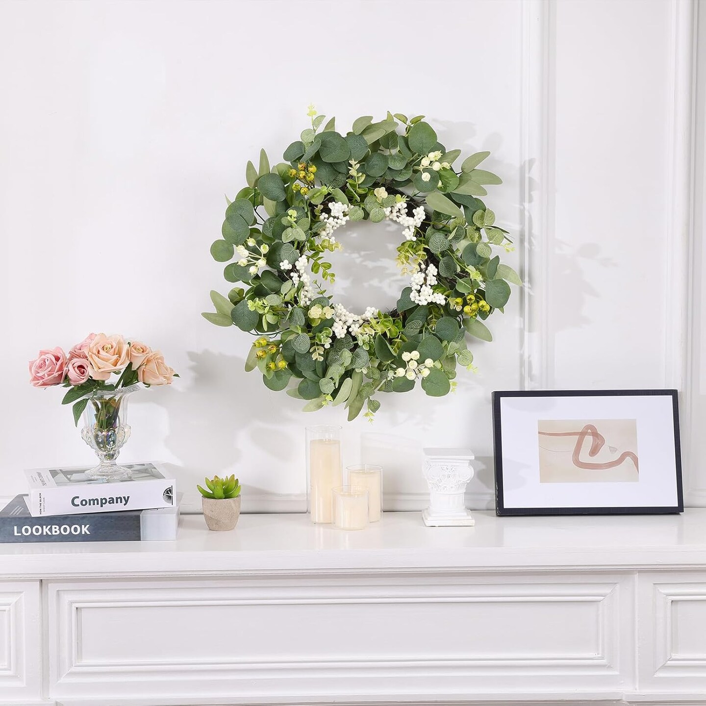 20 Inch Eucalyptus Wreath for Front Door, Spring Green Leaf Door Wreaths Farmhouse with Boxwood Willow Leaves Berries for All Seasons Window Wall Wedding Indoor Outdoor Decor