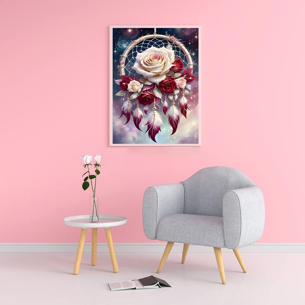 Floral Dream Catcher Diamond Painting Kit for Adult Beginner,Dream Rose Pattern Diamond Art Kits,DIY Full Drill Floral Diamond Dot Gem Art for Home Decor 12 x 16 Inch