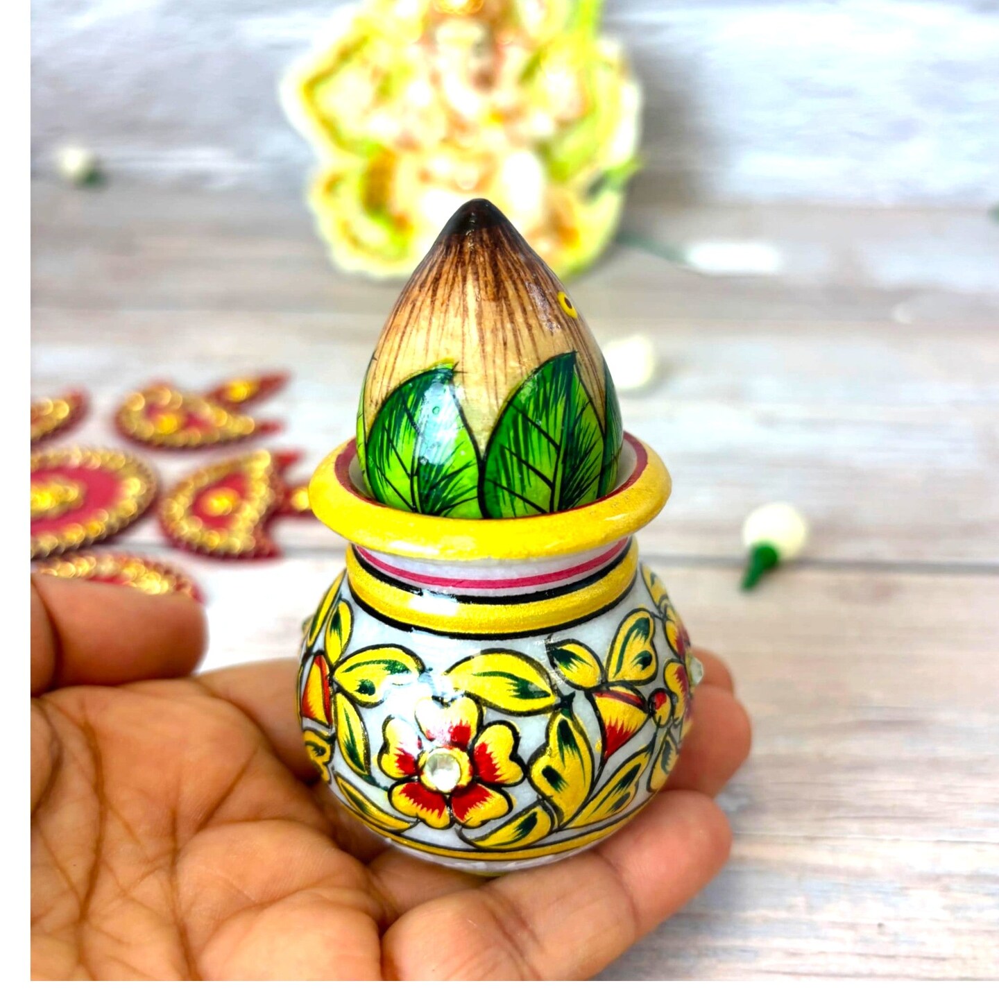 White Marble Kalash Indian Mangal Kalash Decorated Coconut for Wedding Shagun Decorative Nariyal for Wedding Pooja Indian Festival Housewarming Gifts