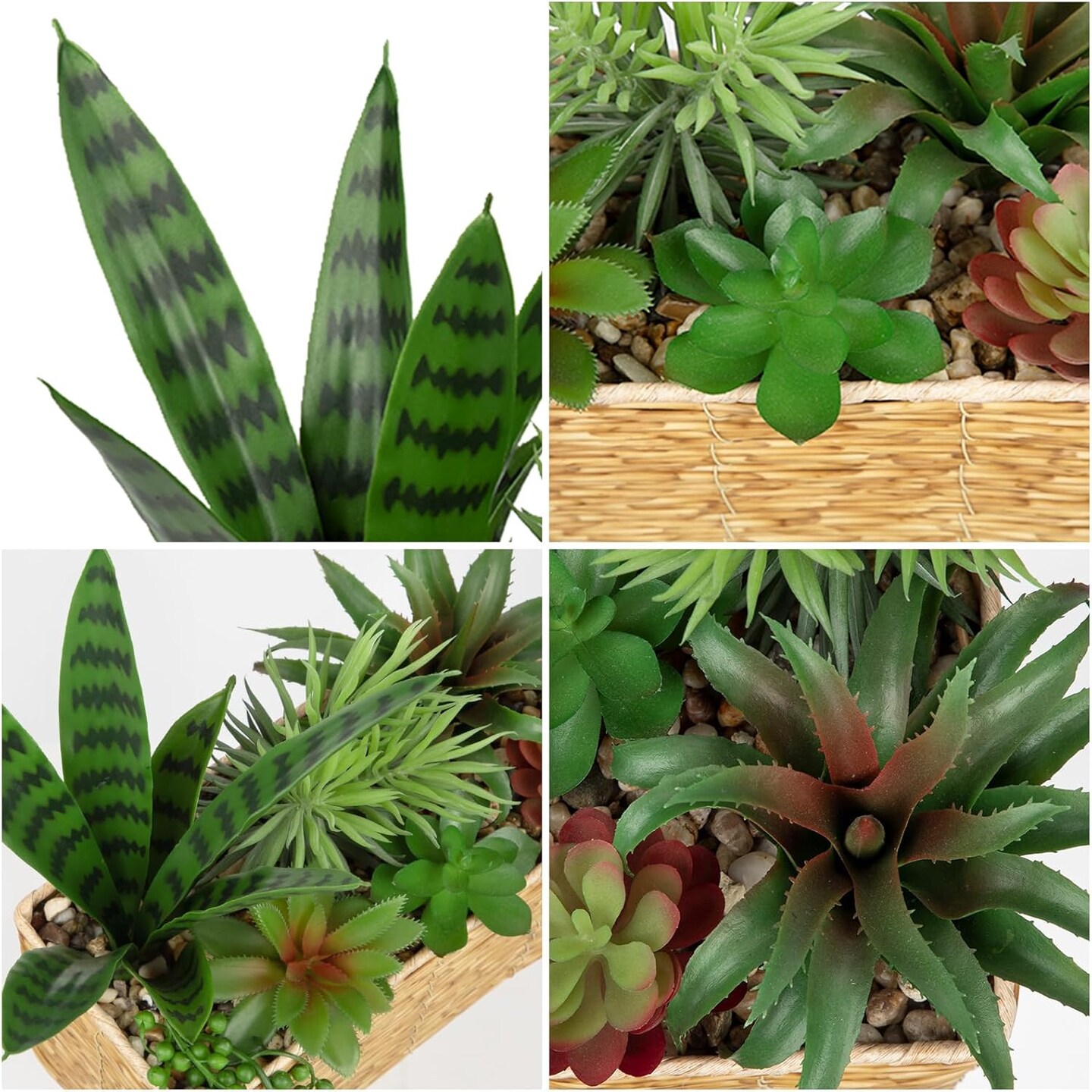 Artificial Succulent Plant Arrangement Centerpiece Assorted Fake Snake Succulents in Rectangular Woven Basket 12" Faux Potted Succulents for Indoor Home Office Table Windowsill Shelf Decor