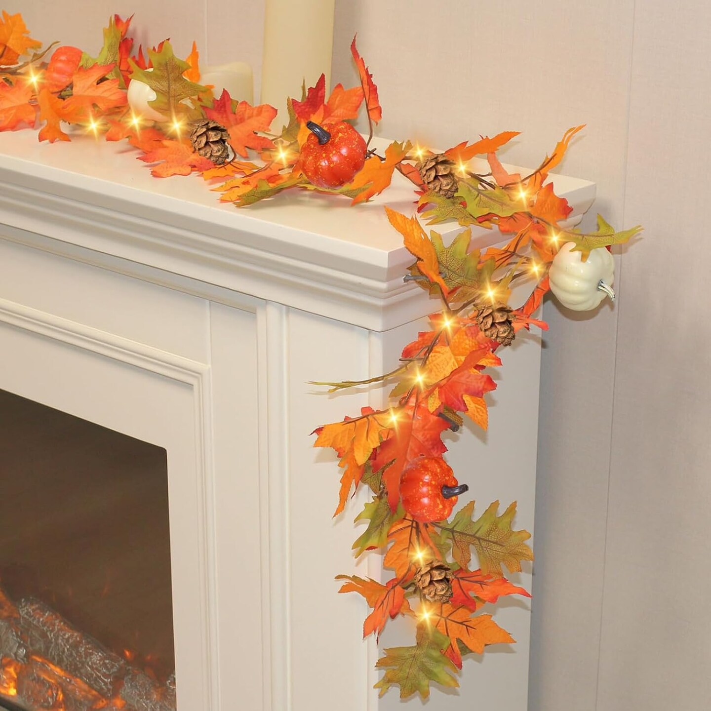 6FT Lighted Maple Leaves with Pine Cone and Pumpkin Fall Garland - 1 PACK