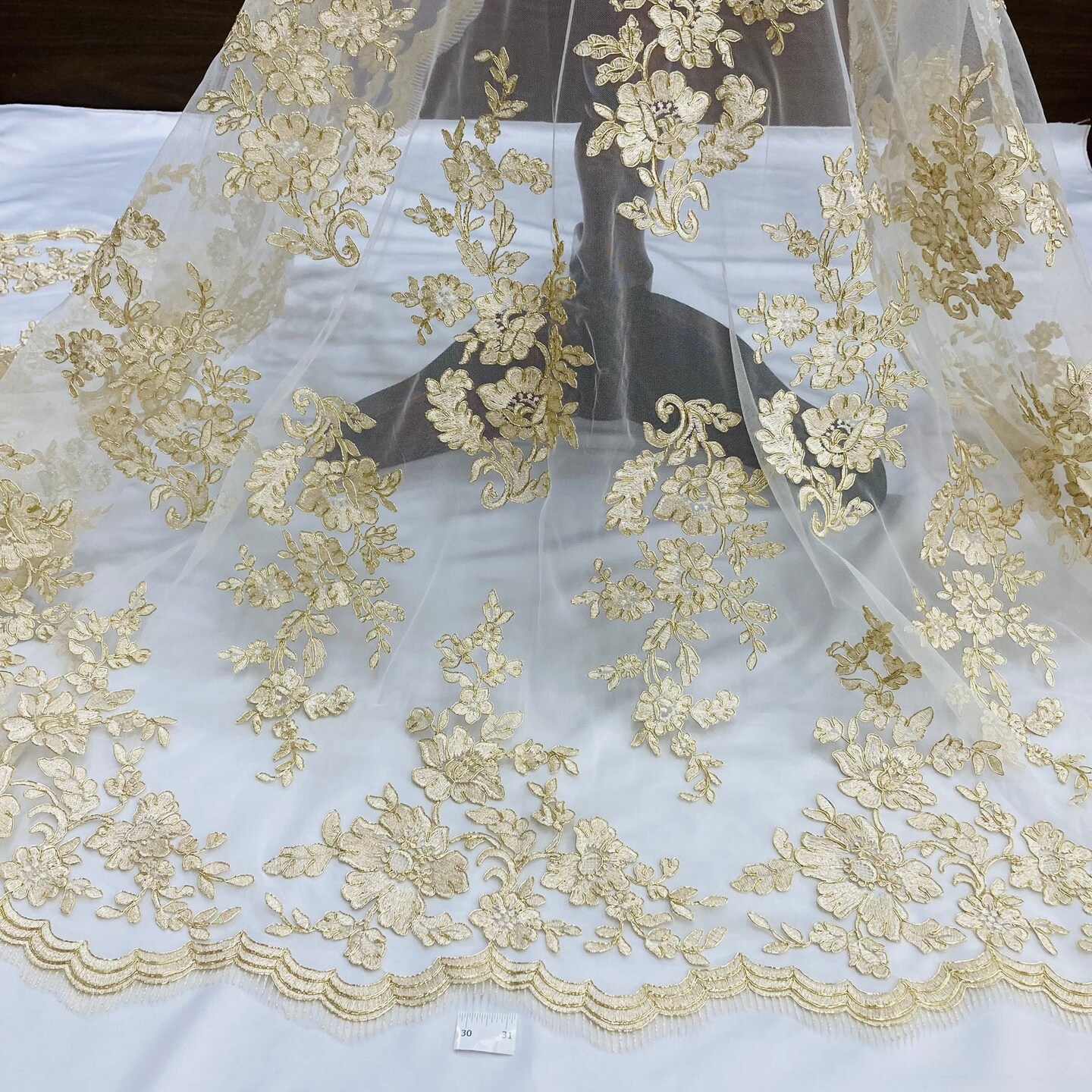 1 Yard Corded Bridal Lace Fabric Embroidered on 100% Polyester Net Mesh 54" Width