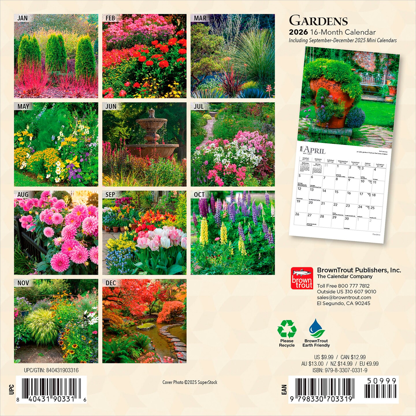 Gardens | 2026 7 x 14 Inch (Hanging) Monthly Mini Wall Calendar