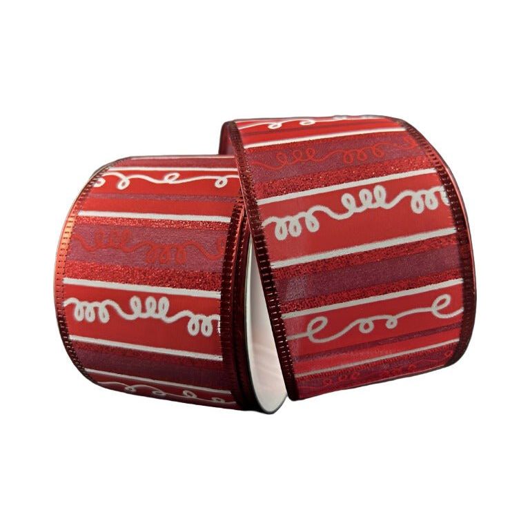 2.5&#x22; Glitter Loopy Stripes Ribbon: Dark Red &#x26; White