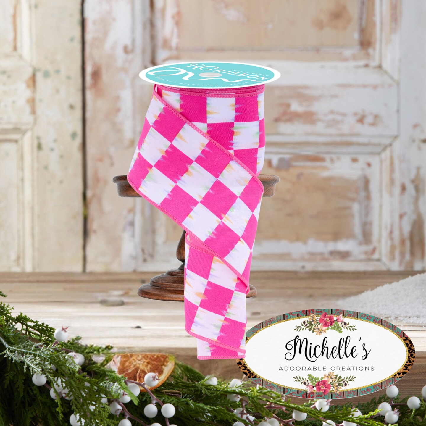 2.5&#x22; Bold Antique Checkerboard Ribbon: Hot Pink (10 Yards)
