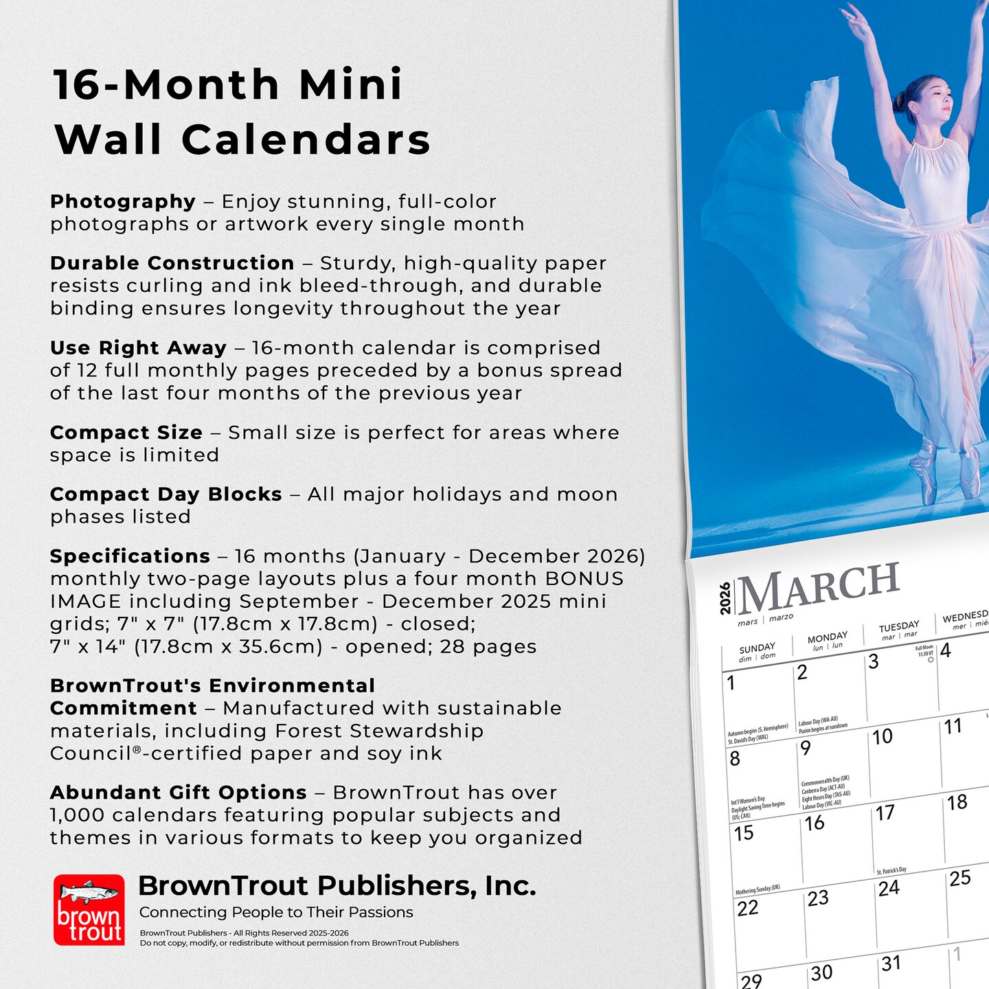 Ballet | 2026 7 x 14 Inch (Hanging) Monthly Mini Wall Calendar