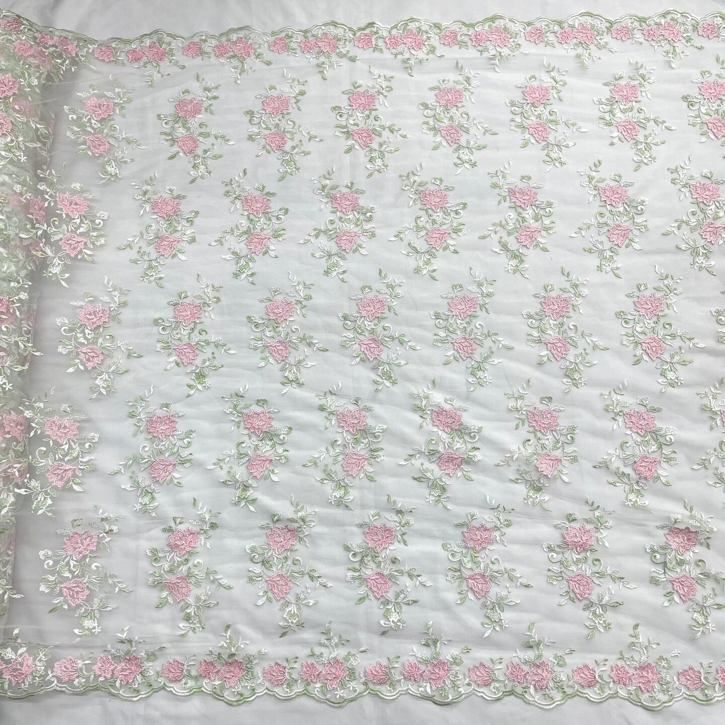 1 Yard Corded Bridal Lace Fabric Embroidered Net Mesh Sage Pink 53" Width