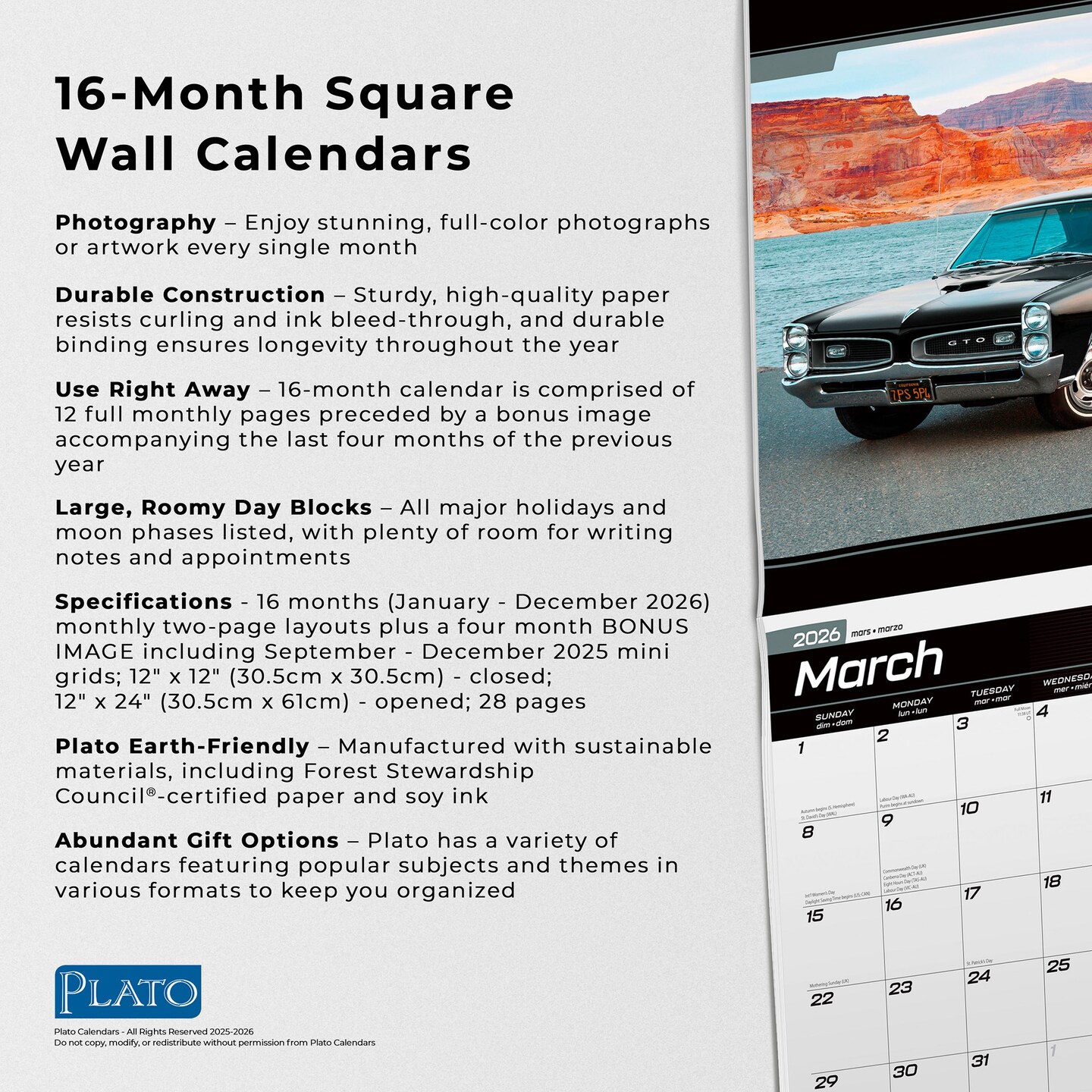 American Muscle Cars OFFICIAL | 2026 12 x 24 Inch (Hanging) Monthly Square Wall Calendar | Foil Stamped Cover