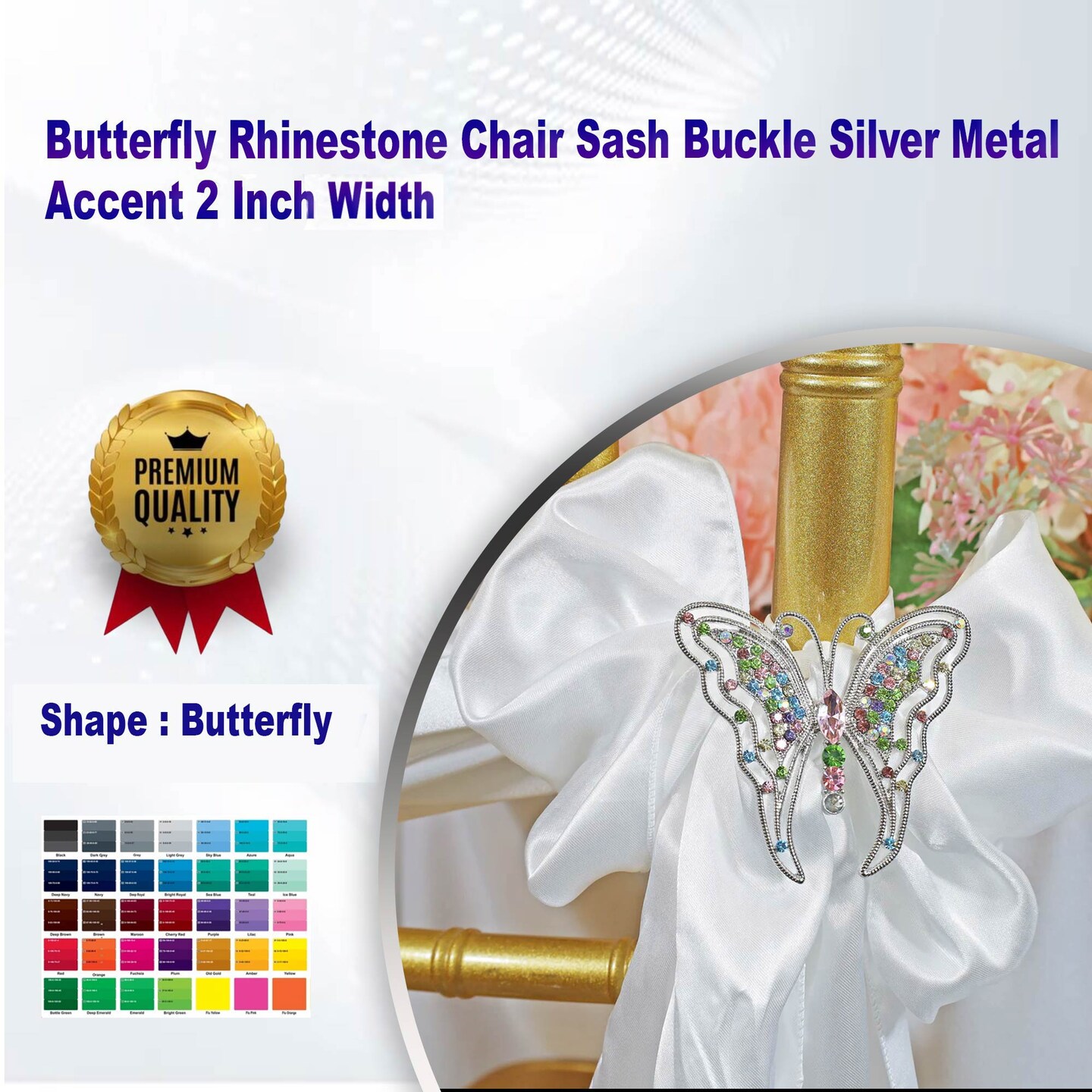 Butterfly Rhinestone Chair Sash Buckle Silver Metal Accent 2 Inch Width
