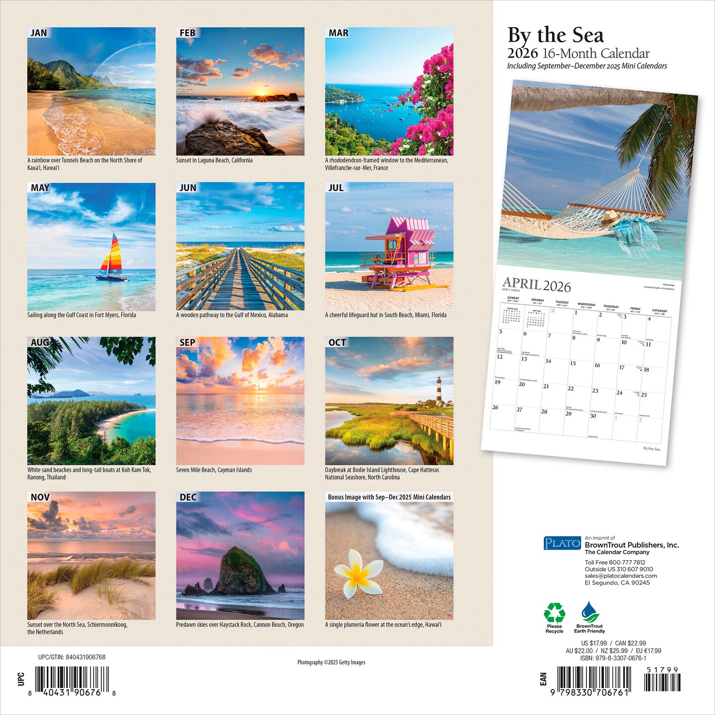 By the Sea | 2026 12 x 24 Inch (Hanging) Monthly Square Wall Calendar | Foil Stamped Cover