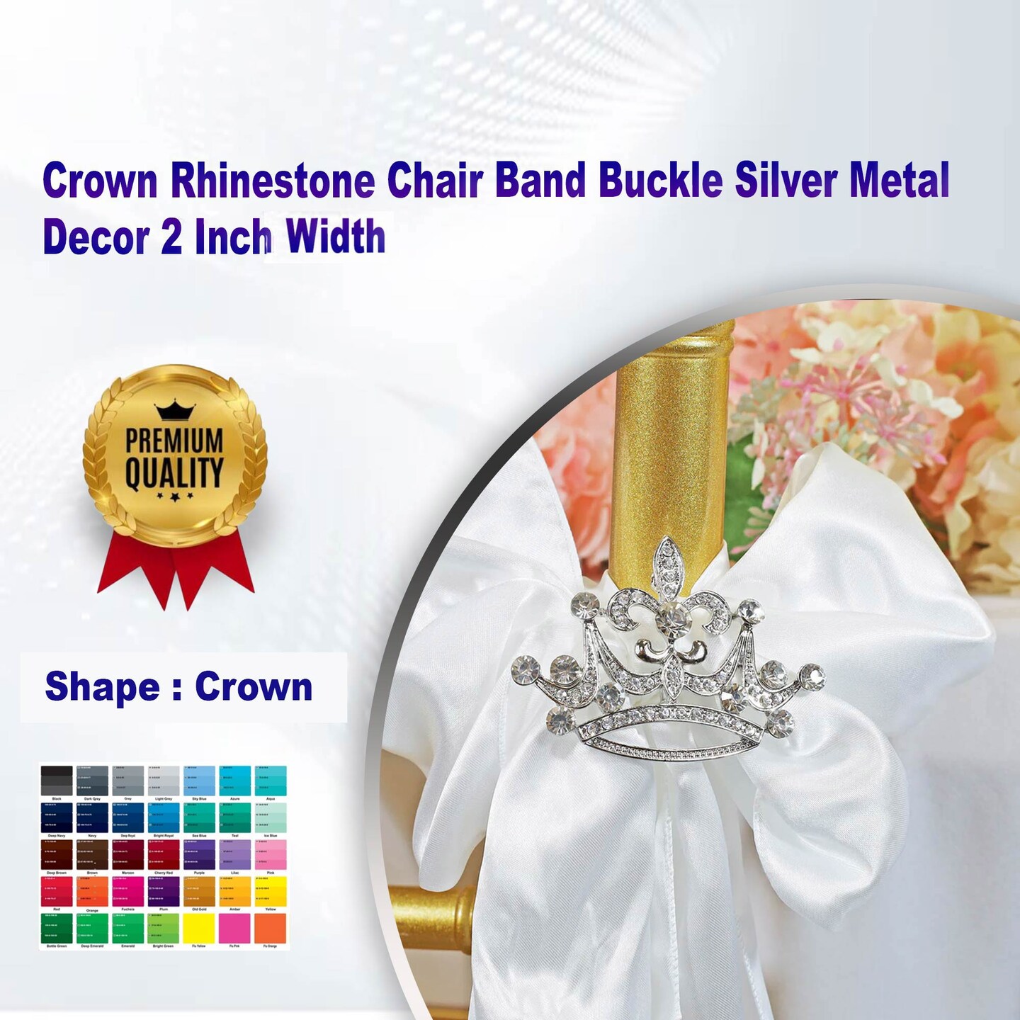 Crown Rhinestone Chair Band Buckle Silver Metal Decor 2 Inch Width