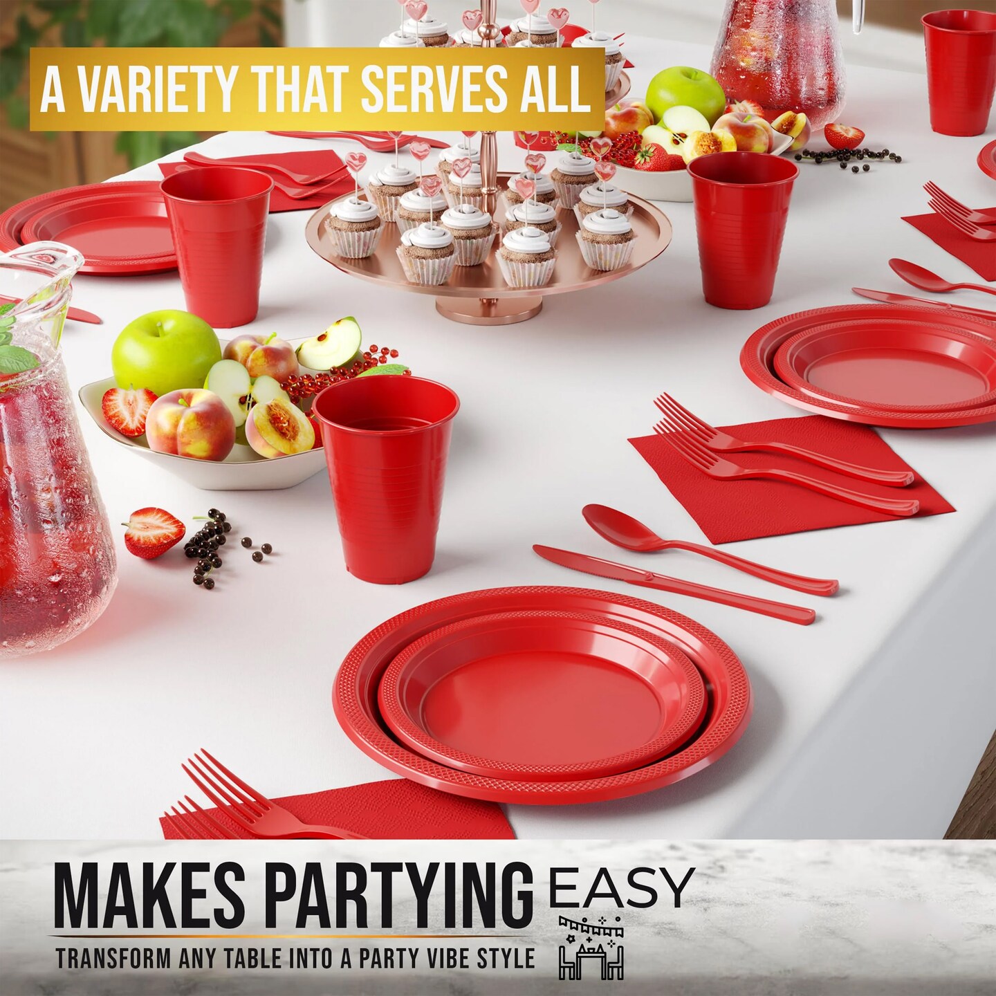 350 Count Red Disposable Party Plates Plastic Supplies Combo Pack 9 Inch