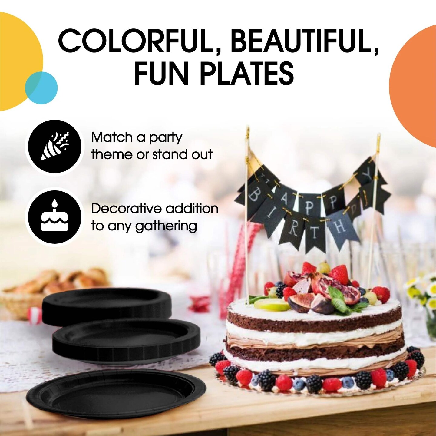 100 Count Black Paper Plates 7 Inch Durable Disposable Supplies for Parties