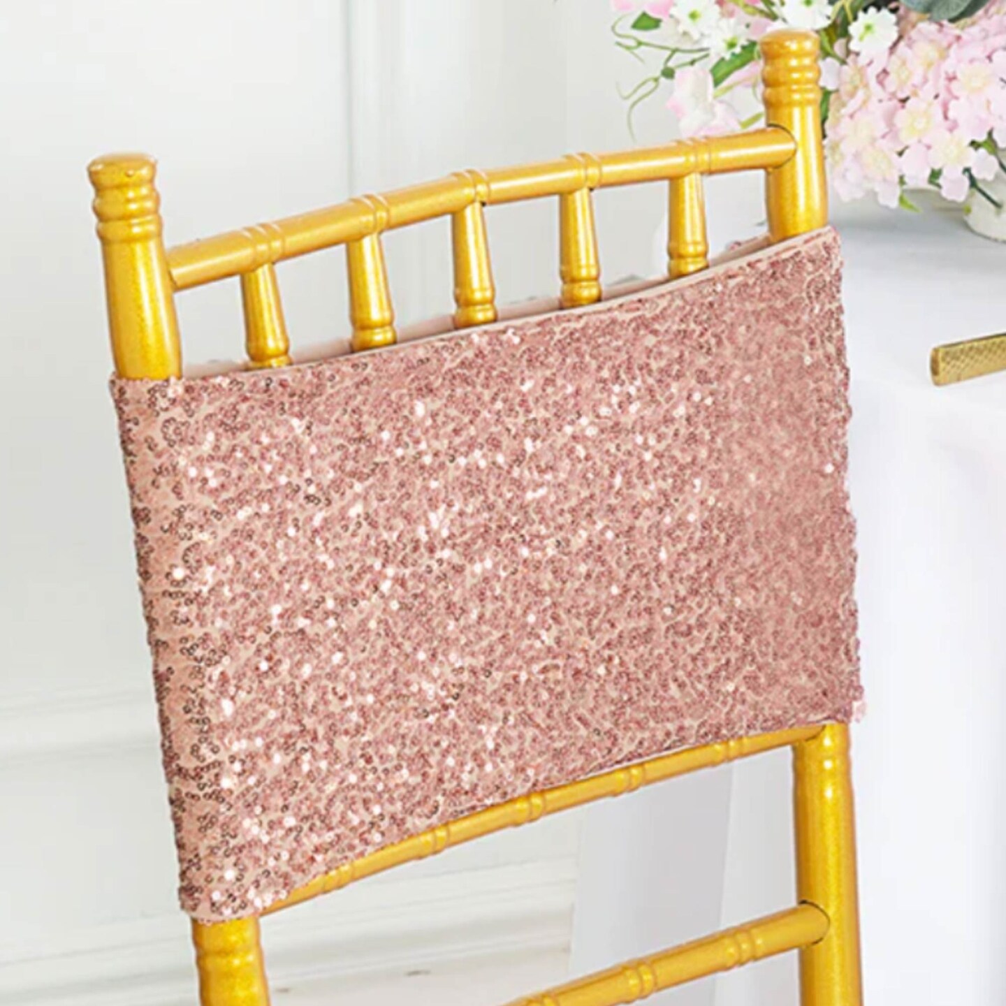 10 Pieces Elegant Blush Pink/Rose Gold Sequin Stretch Spandex Chair Bands 7 x 13 Inches