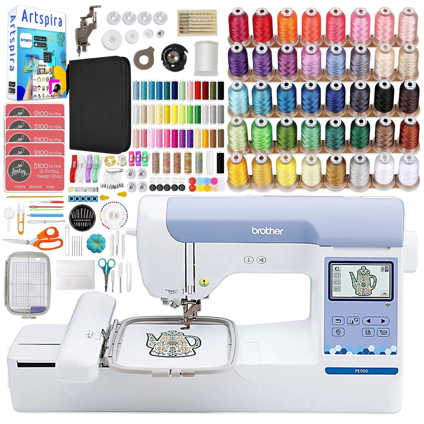 Brother PE900 5" x 7" Embroidery Machine Bundle with 250+ Accessories