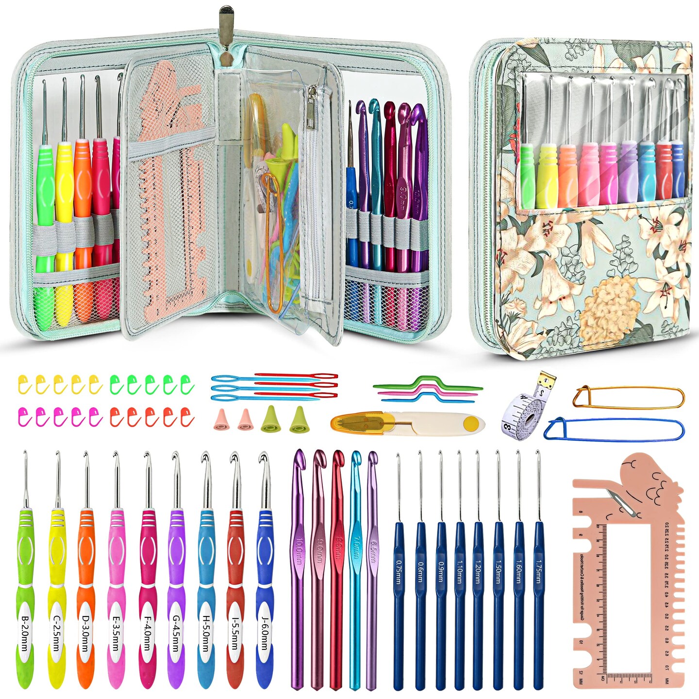 Looen 61Pcs Ergonomic Crochet Hooks Set, 22size (0.75mm-10mm), with Case for Arthritic Hands, Extra Long Crochet Needles, Nice Gift (Green)