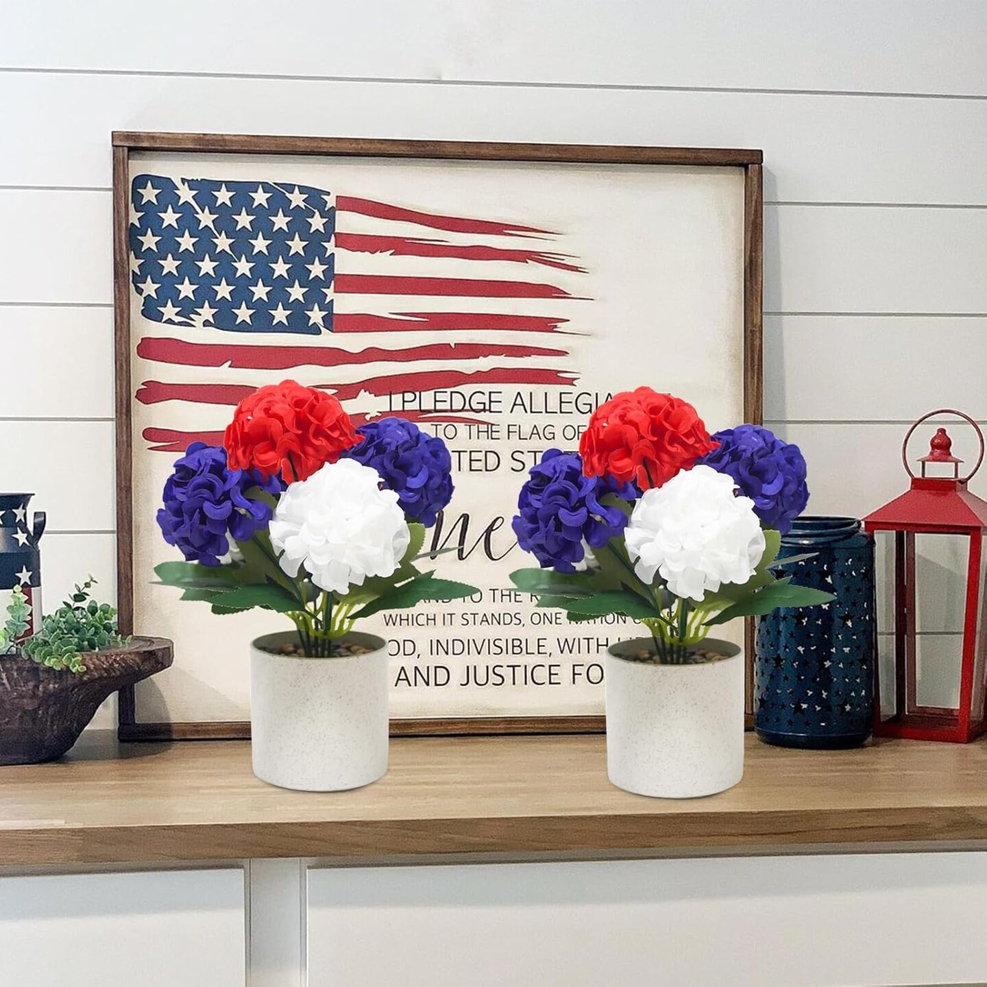 4th of July Decorations Small Fake Plants Patriotic Artificial Mums Mini Potted Plants Desk Plants for Office Table Home Shelf Kitchen Memorial Day Holiday Decor, Set of 2
