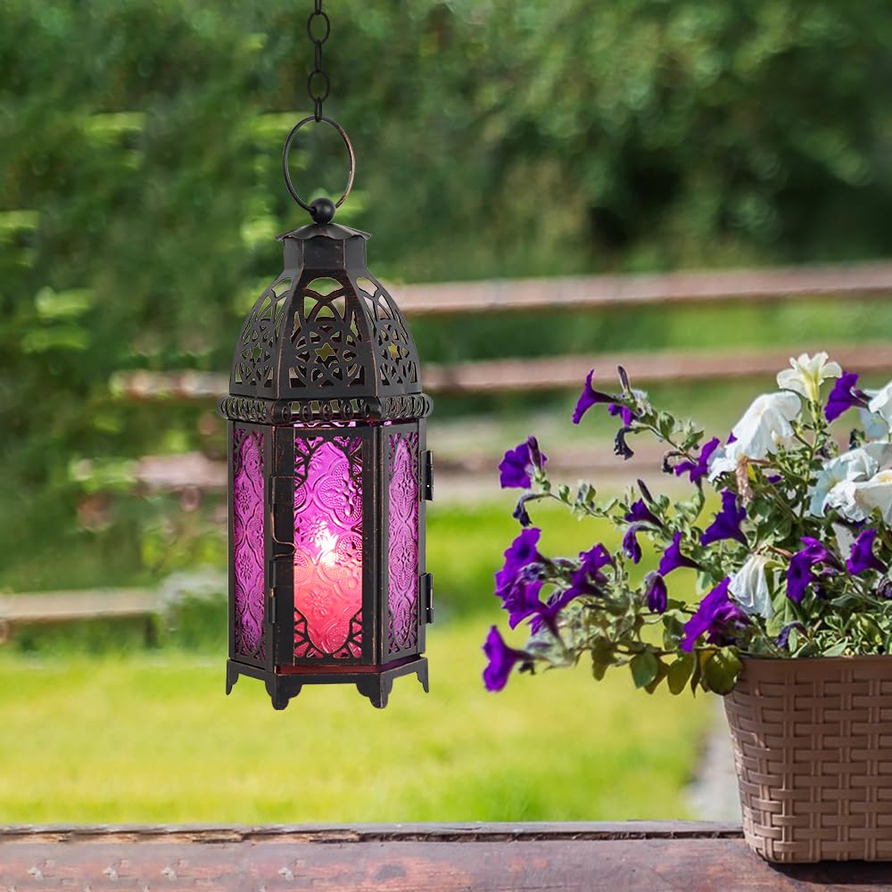 NEEDOMO Ramadan Decorations, Hanging Moroccan Lantern, 11&#x27;&#x27; Vintage Candle Holder, Metal Lanterns Decorative Indoor Outdoor, Table, Patio, Porch, Shelf, Gothic Home Decor (Purple)