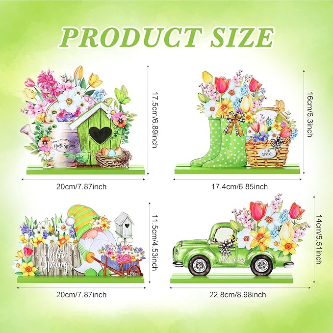 4 Pcs Hello Spring Table Decorations Spring Easter Table Centerpieces Hello Sunshine Wooden Signs Decorations for Home Wooden Party Ornament Farmhouse Easter Rustic(Cute Style)