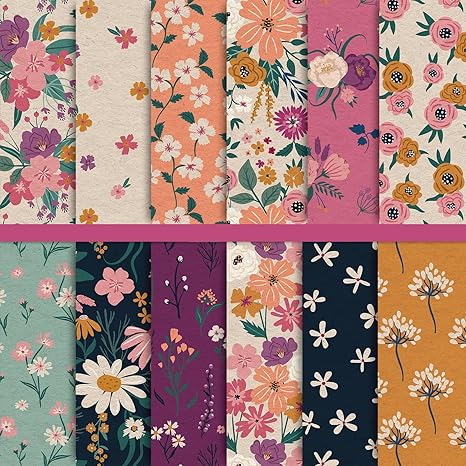 12 Designs Spring Pattern Paper Pack 24 Sheet Vintage Floral Scrapbook Paper Double-Sided Collection Decorative Craft Paper Folded Flat for Card Making Scrapbook Photo Album Decor, 30 x 30cm