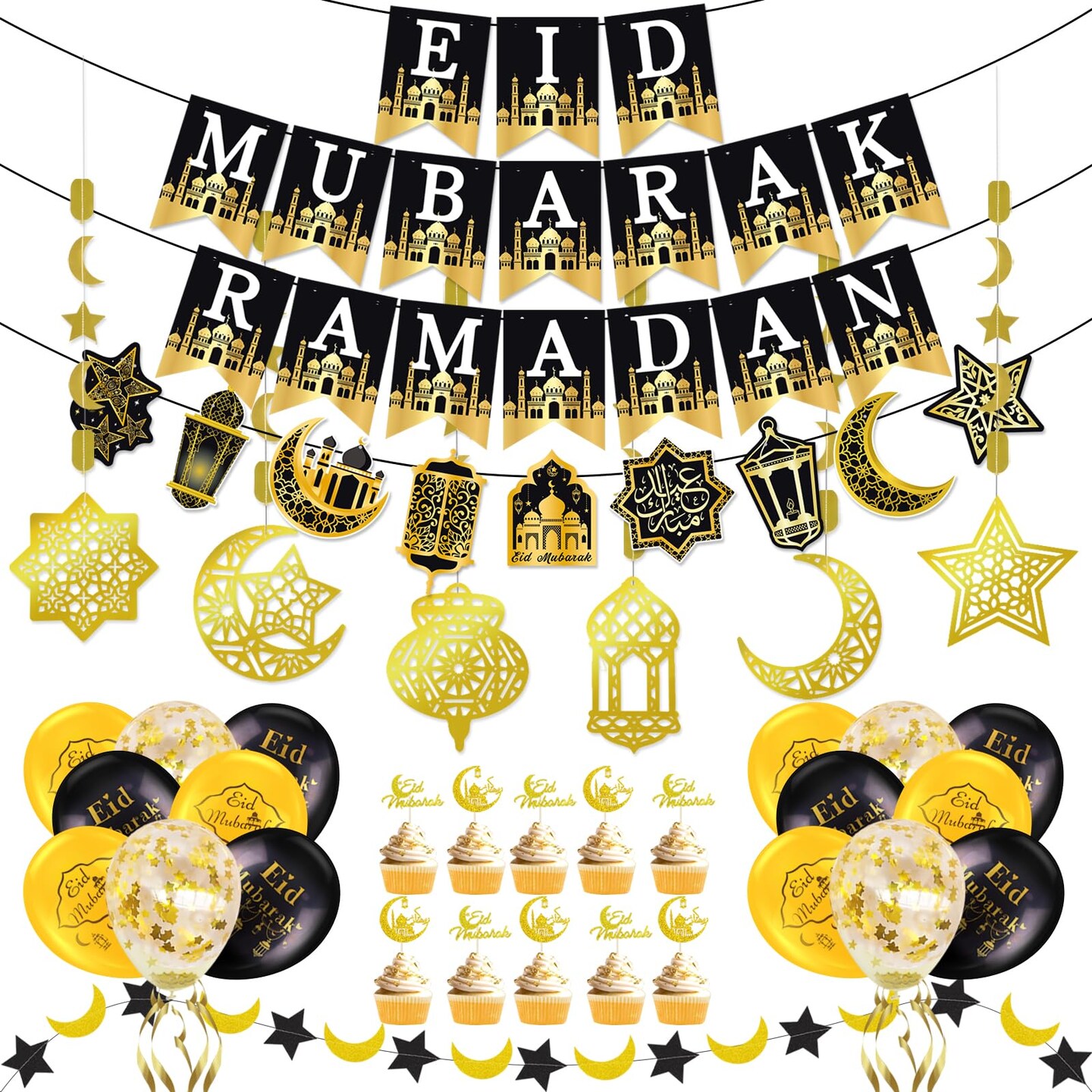 Ramadan Mubarak Decorations, Eid Decorations for Home - Preassembled Ramadan Eid Mubarak Banners, 16 Pcs Eid Balloons, 6 Pcs Islamic Star Moon Lantern Garland Streamer, 10 Pcs Cupcake Toppers