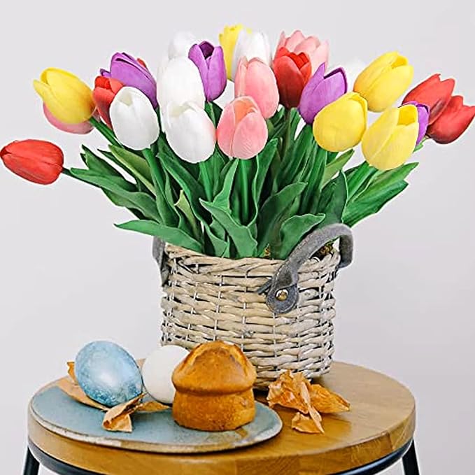 28pcs Multicolor Flowers Artificial Tulip Stems Real Feel PU Tulips for Easter Spring Wreath Wedding Bouquet Centerpiece Floral Arrangement Cemetery Table Décor 13" Tall