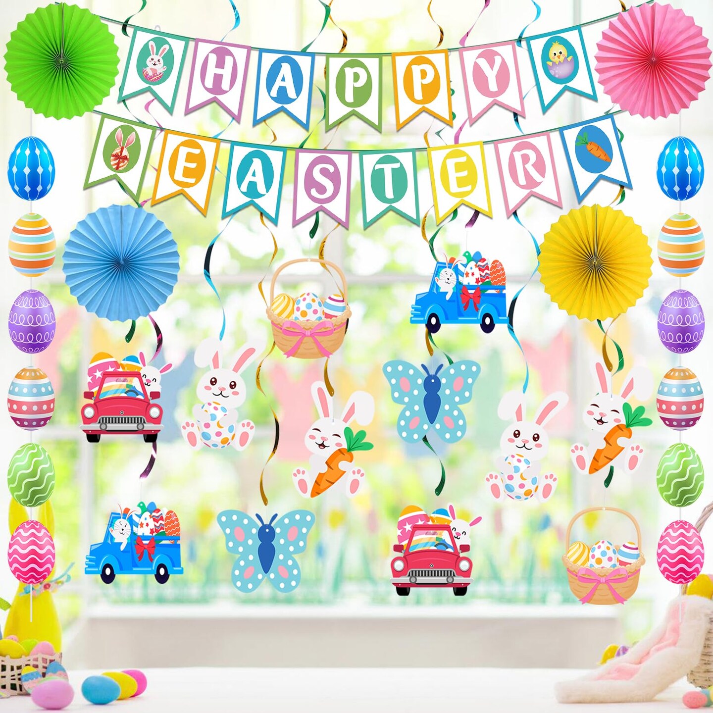 Easter Decorations Easter Decor Happy Easter Banner Egg Bunny Garland Hanging Swirl for Home Office School Classroom Themed Party Decorations