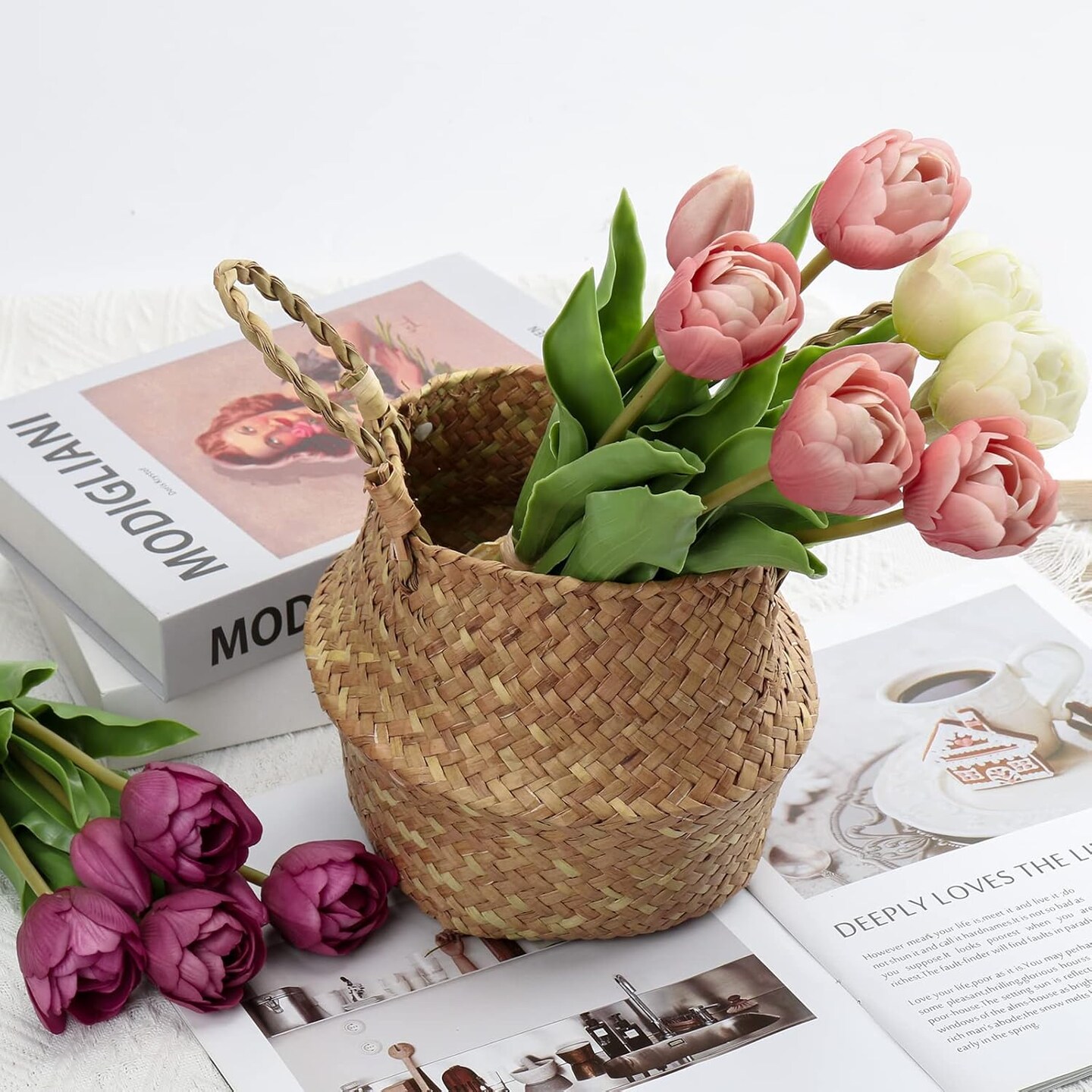 6 Pcs Artificial Tulips Flowers Pink Real Touch Fake Latex Tulips Flowers for Mother&#x27;s Day 14&#x22; Faux Tulips Faux Flowers for Vase Centerpieces Home Wedding Bouquet