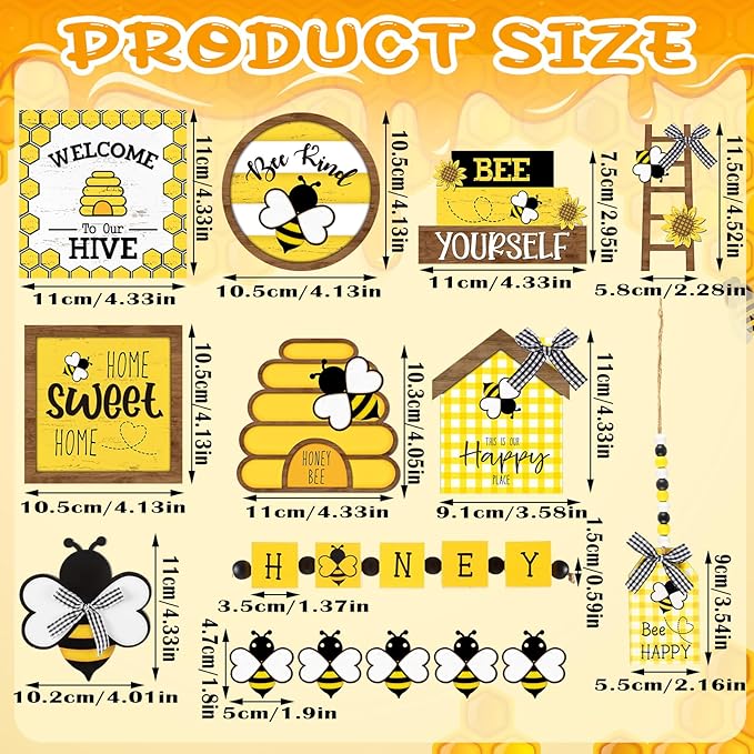 15 Pcs Bee Tiered Tray Decor Summer Tiered Tray Decorations Set Honeycomb Decor Honey Bee Wooden Signs Rustic Farmhouse Kitchen Decor for Home Table Shelf Decorations