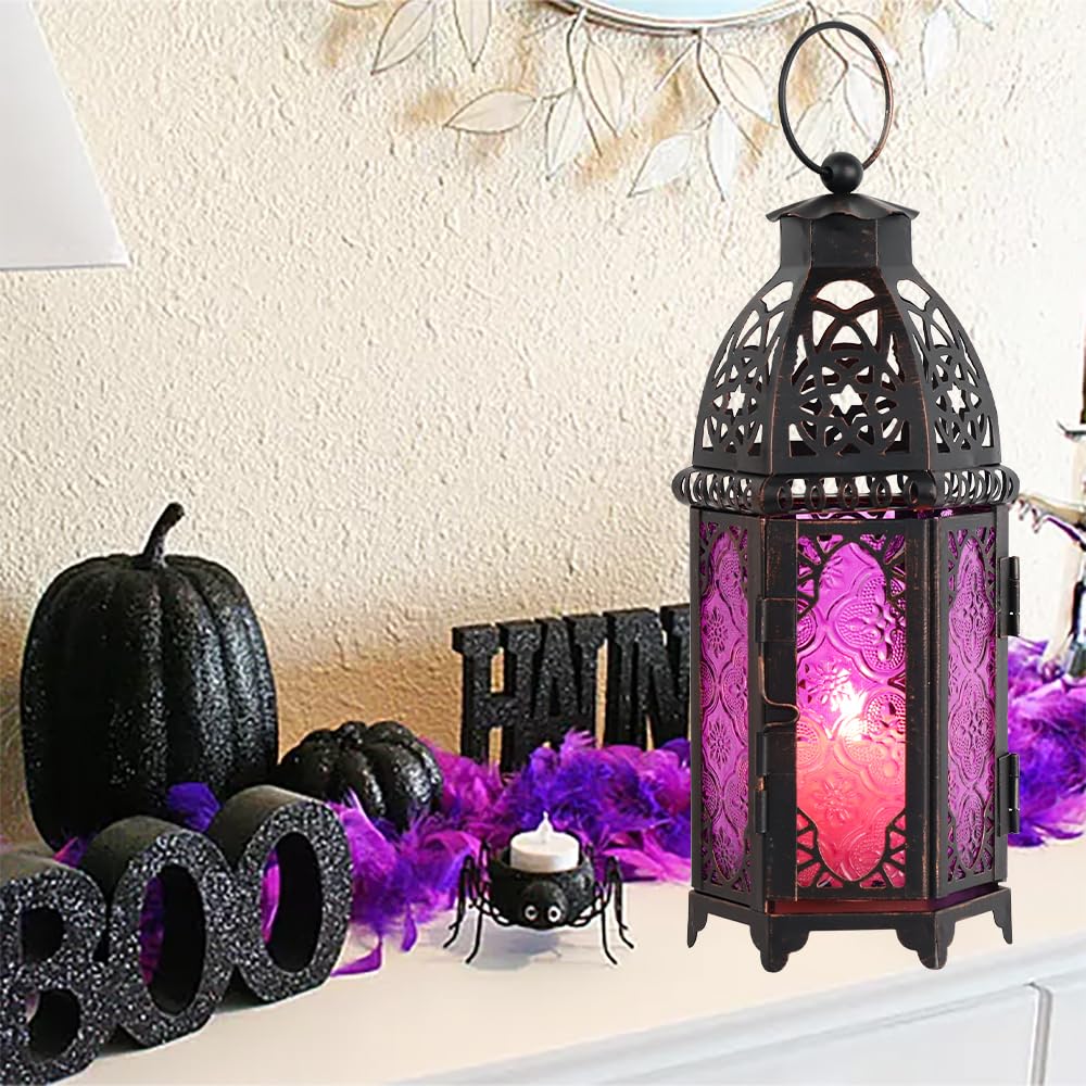 NEEDOMO Ramadan Decorations, Hanging Moroccan Lantern, 11&#x27;&#x27; Vintage Candle Holder, Metal Lanterns Decorative Indoor Outdoor, Table, Patio, Porch, Shelf, Gothic Home Decor (Purple)