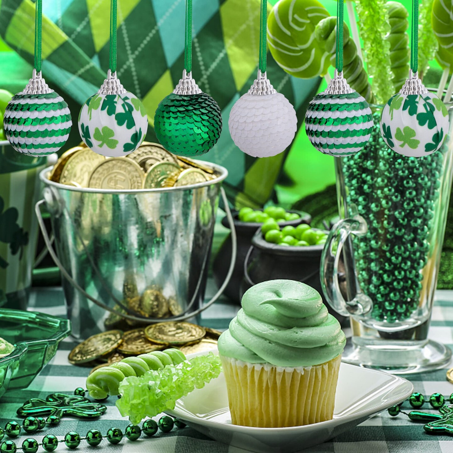 24 PCS St.Patrick Day Sequin Ball Ornament- 1.6 Inch Green Shamrock Hanging Ball Ornament- Good Luck Clover Ball for Tree St.Patrick's Day Irish Festival Party Decoration