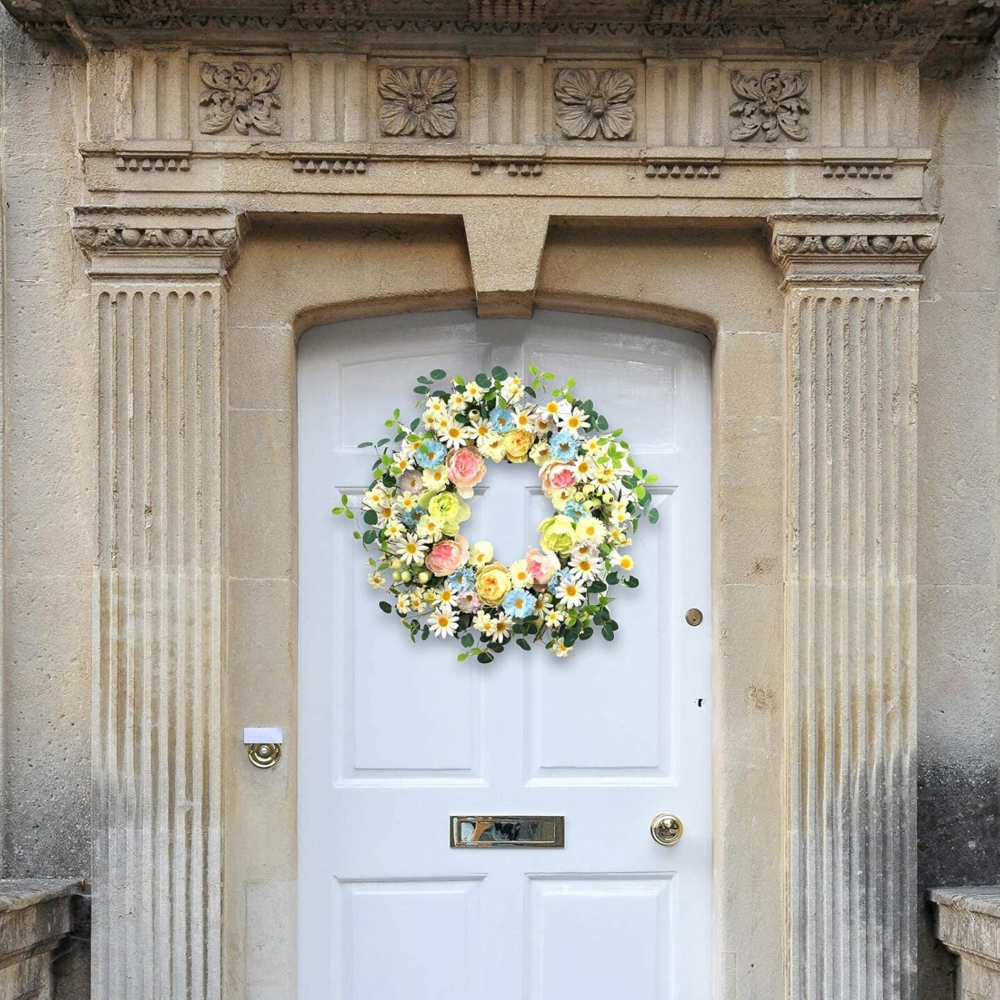 24” Artificial Daisy & Rose Wreath – Colorful Spring/Summer Floral Decor