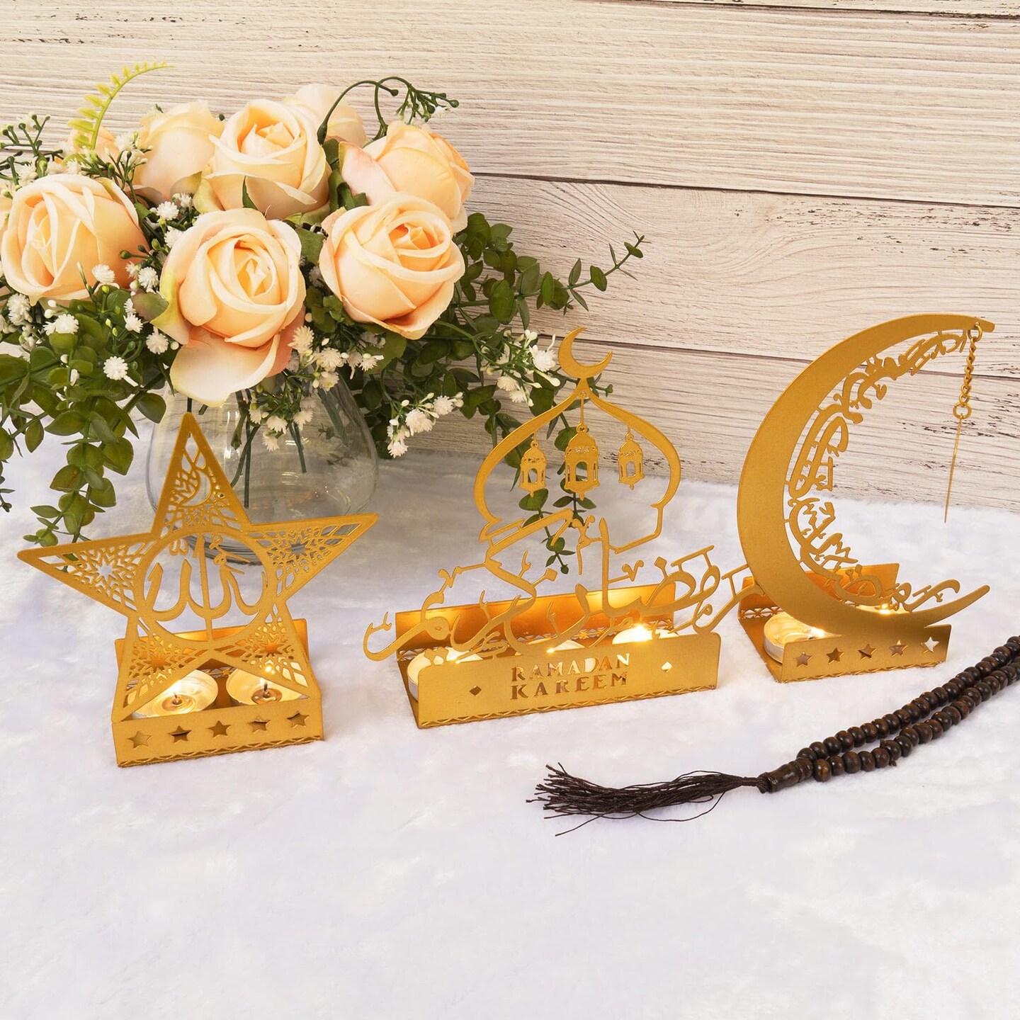 Ramadan Decorations for Home 2026 Eid Mubarak Metal Kareem Signs Islamic Muslim Mosque Arabic Stand Gold Allah Indoor Table Top Centerpiece Decor Gifts