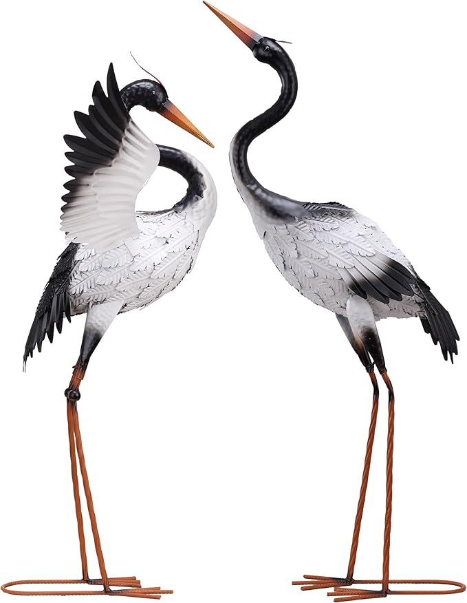Yard Decorations Outdoor Garden Statues, White Metal Crane Yard Art, 33-39inch Lawn Ornaments for Backyard, Outside Porch, Patio, Wedding Decor,Set of 2,Spring Decor,Gifts for Mom