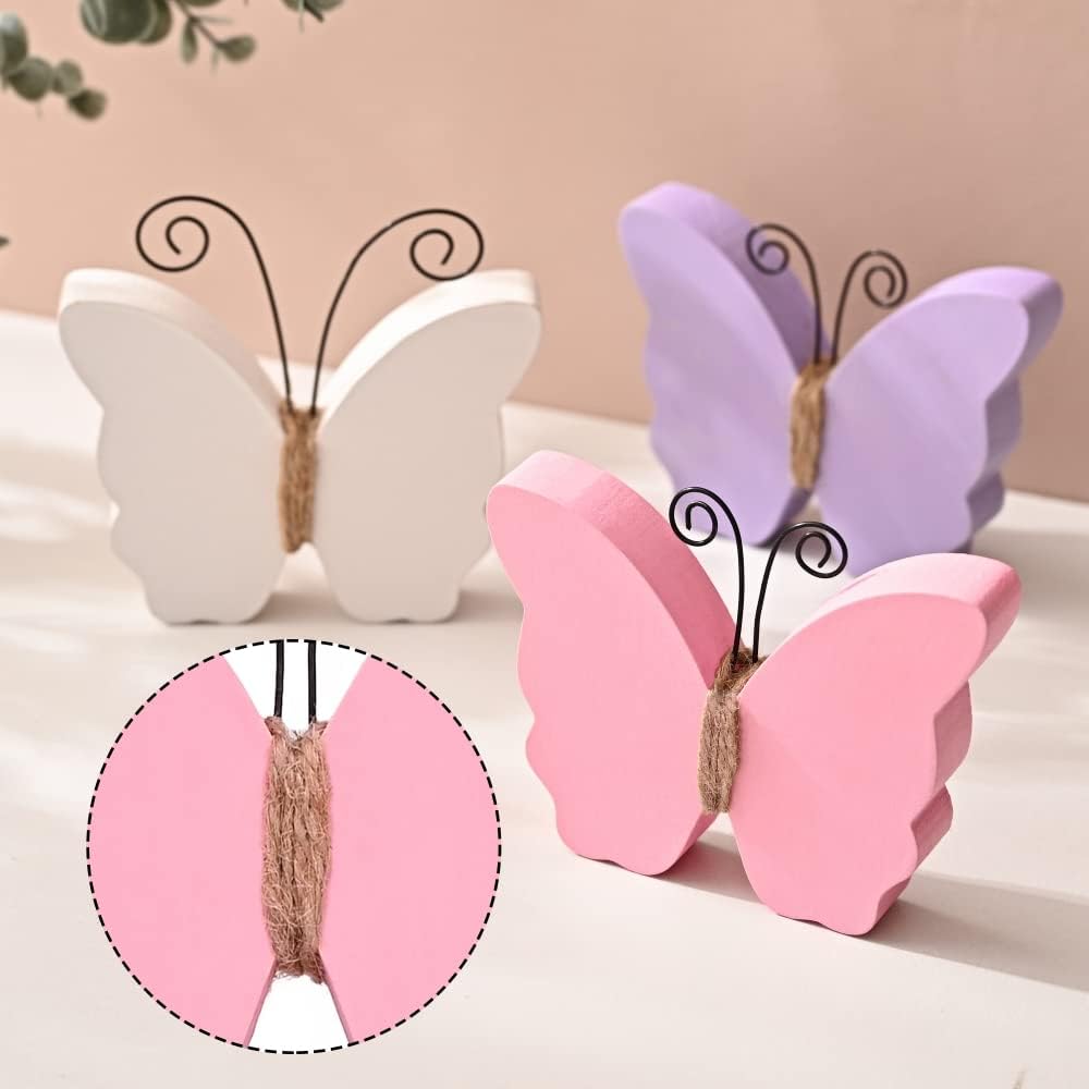 Butterfly Decorations for Home, Set of 3 Rustic White Pink Purple Butterfly Decorative Accessories, Decorative Trays, Farmhouse Spring Ornaments for Tiered Tray, Shelf, Fireplace, Table Decor
