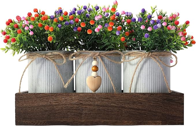 Decorative Centerpiece Wooden Tray with 3 Metal Potted Artificial Milan Flowers Rustic Country Farmhouse D&#xE9;cor for Dining Room, Living Room and Kitchen Table